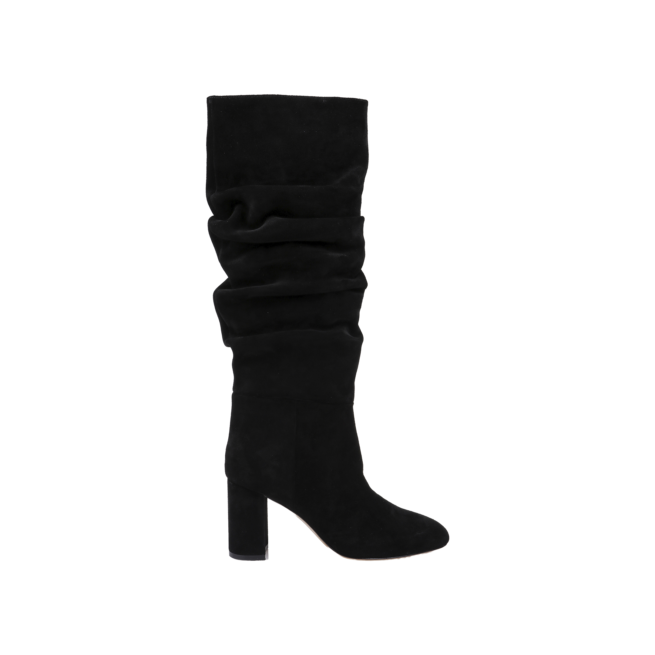 Fletcher Boot in black suede features a knee-high shaft and a chunky block heel, pictured from the side against a plain light background for an effortless bohemian chic look.