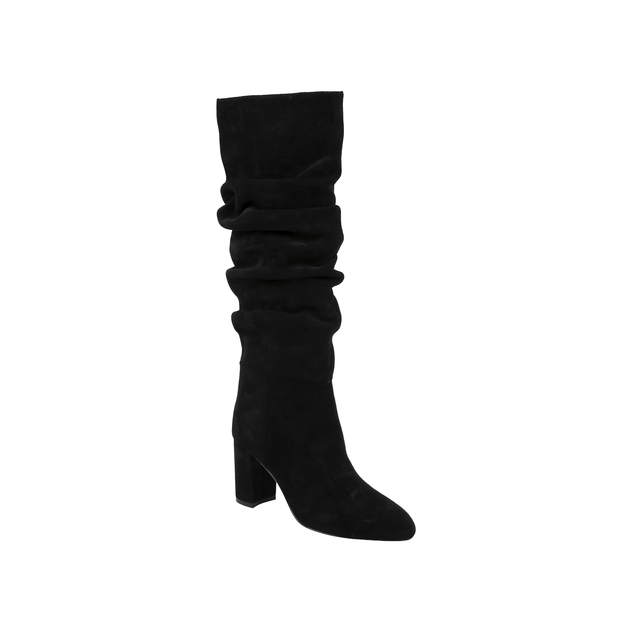 The Fletcher Boot is a single black suede boot featuring a bohemian chic, slightly slouched design and a chunky block heel, displayed against a plain white background.