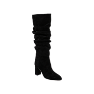 The Fletcher Boot is a single black suede boot featuring a bohemian chic, slightly slouched design and a chunky block heel, displayed against a plain white background.