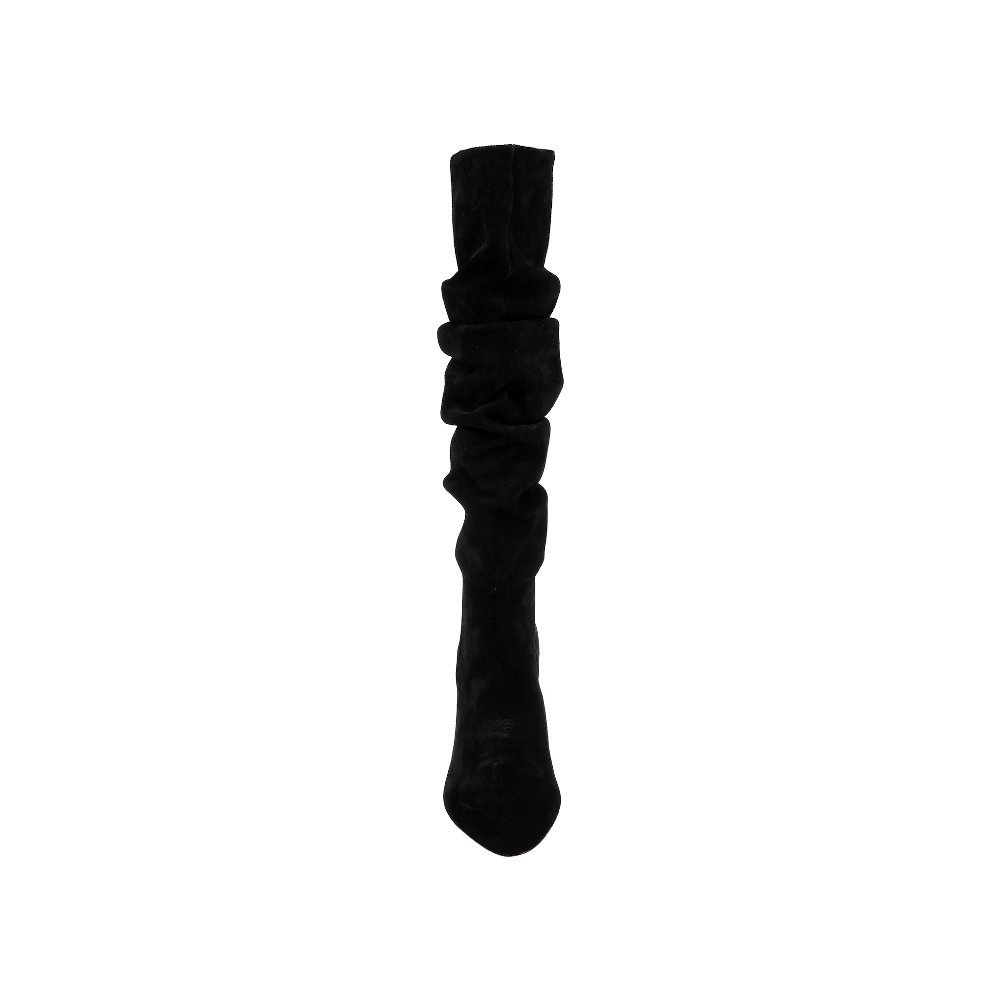 The Fletcher Boot, a single black suede knee-high boot with a block heel, is shown from the front against a plain white background, radiating effortless bohemian chic style.