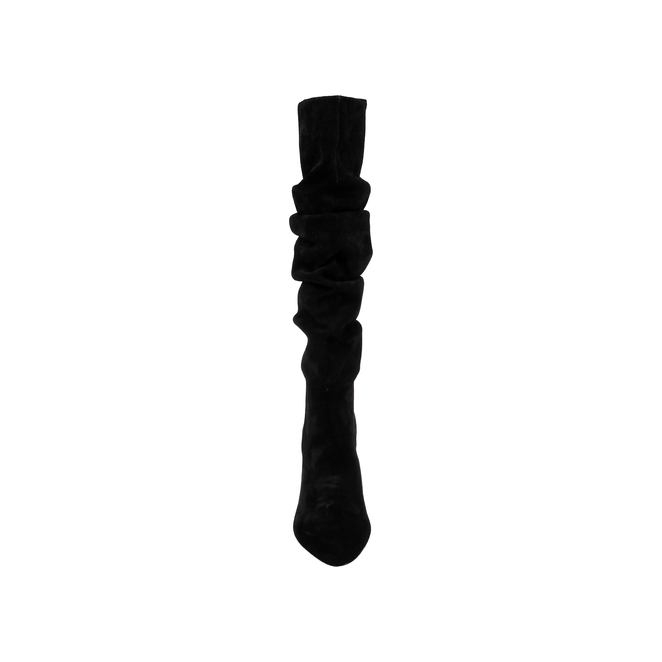 The Fletcher Boot, a single black suede knee-high boot with a block heel, is shown from the front against a plain white background, radiating effortless bohemian chic style.