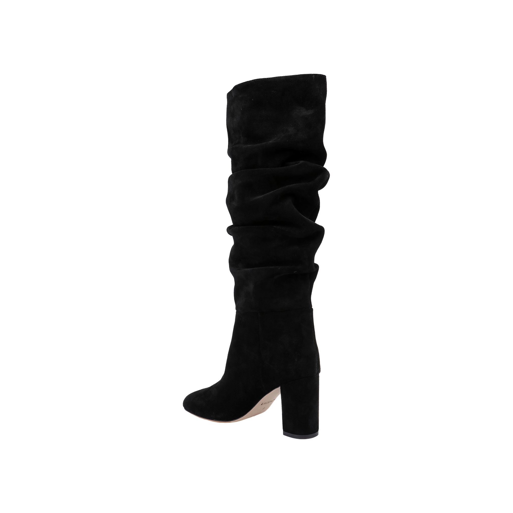 The Fletcher Boot, a black knee-high slouchy suede boot featuring a rounded toe and high block heel, is displayed against a plain white background for a touch of bohemian chic style.