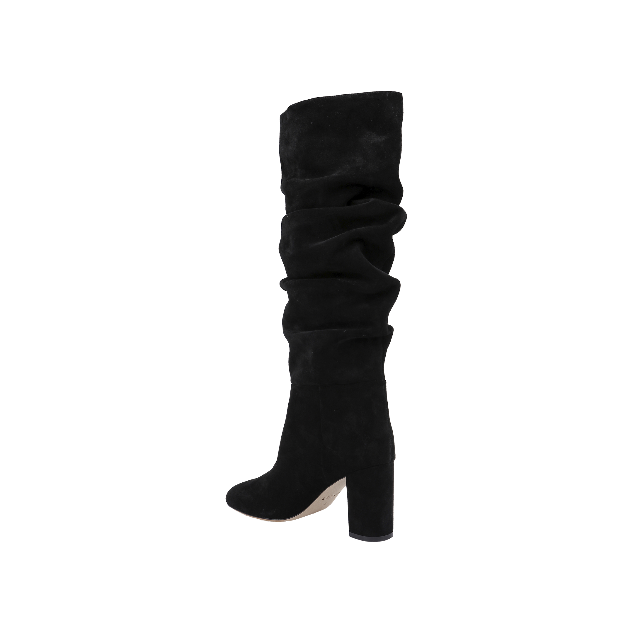 The Fletcher Boot, a black knee-high slouchy suede boot featuring a rounded toe and high block heel, is displayed against a plain white background for a touch of bohemian chic style.