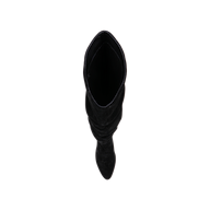 Fletcher Boot in black slouchy suede, featuring a knee-high silhouette and block heel, viewed from above on a plain white background.