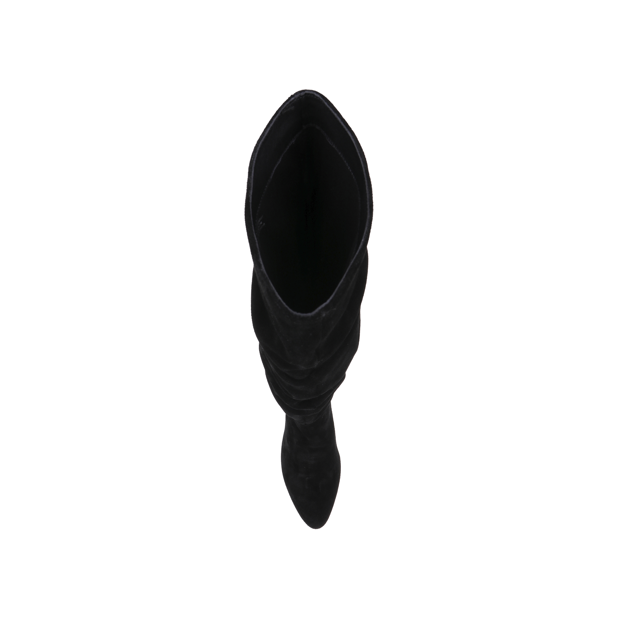 Fletcher Boot in black slouchy suede, featuring a knee-high silhouette and block heel, viewed from above on a plain white background.