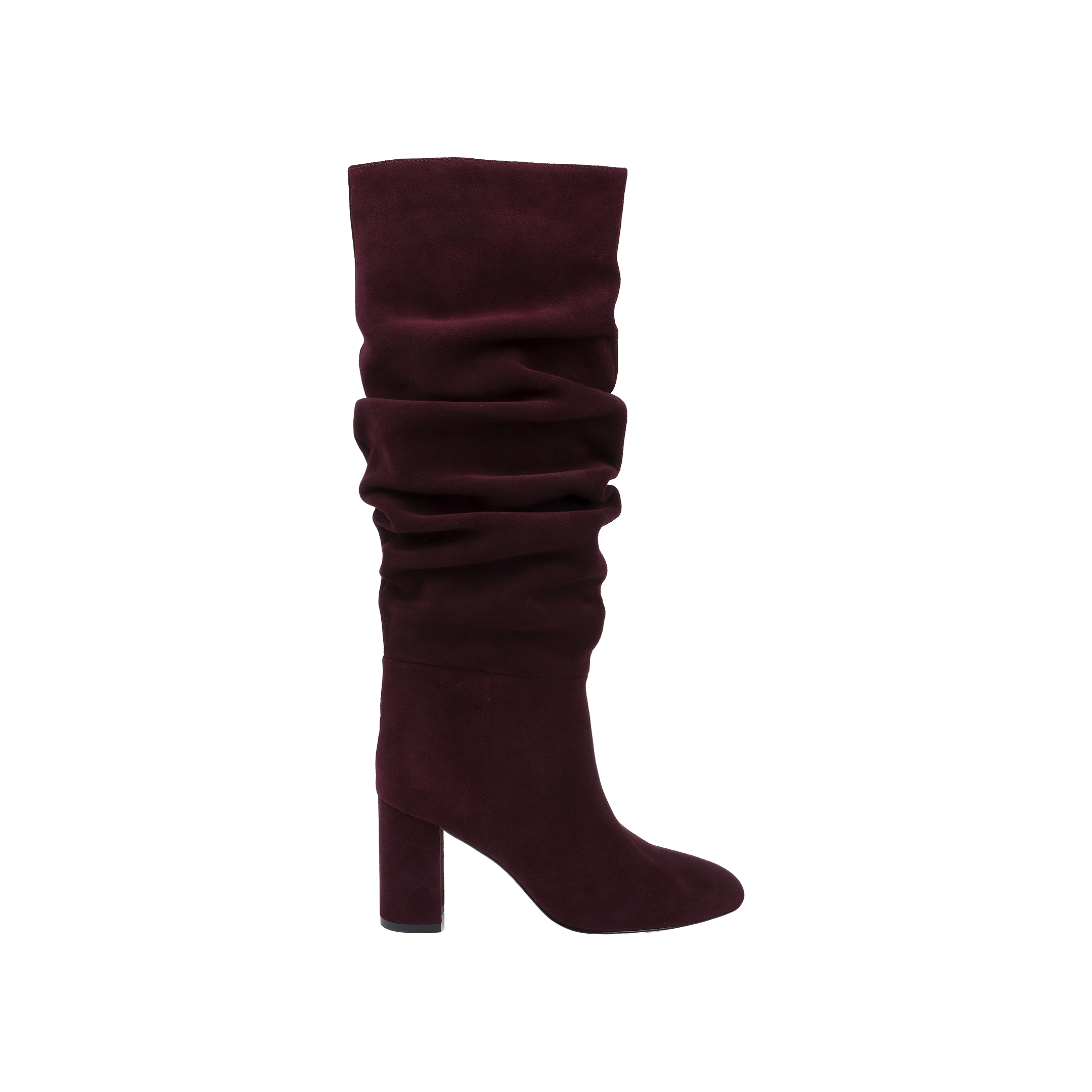 The Fletcher Boot—a single, tall, slouchy boot crafted in rich burgundy suede with a stylish block heel—stands against a plain light background, bringing a touch of bohemian chic.