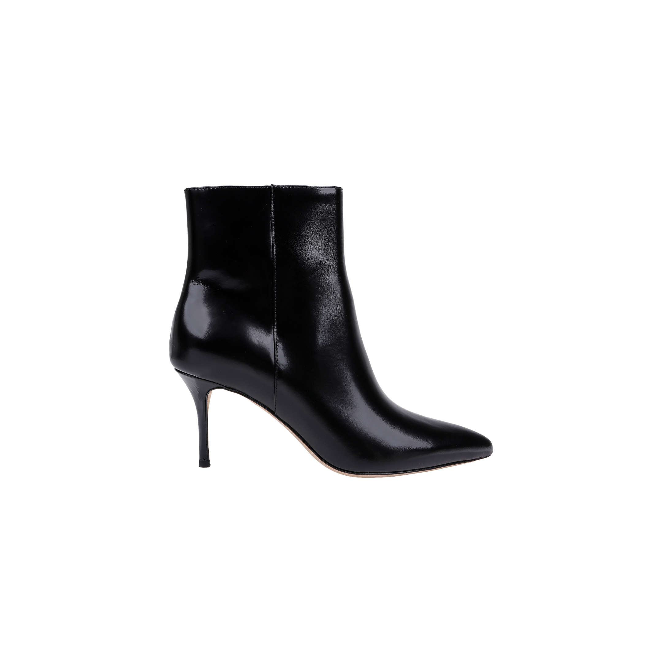 The Houston Bootie, a black leather ankle boot with a pointed toe and high stiletto heel, is displayed in profile against a plain white background.
