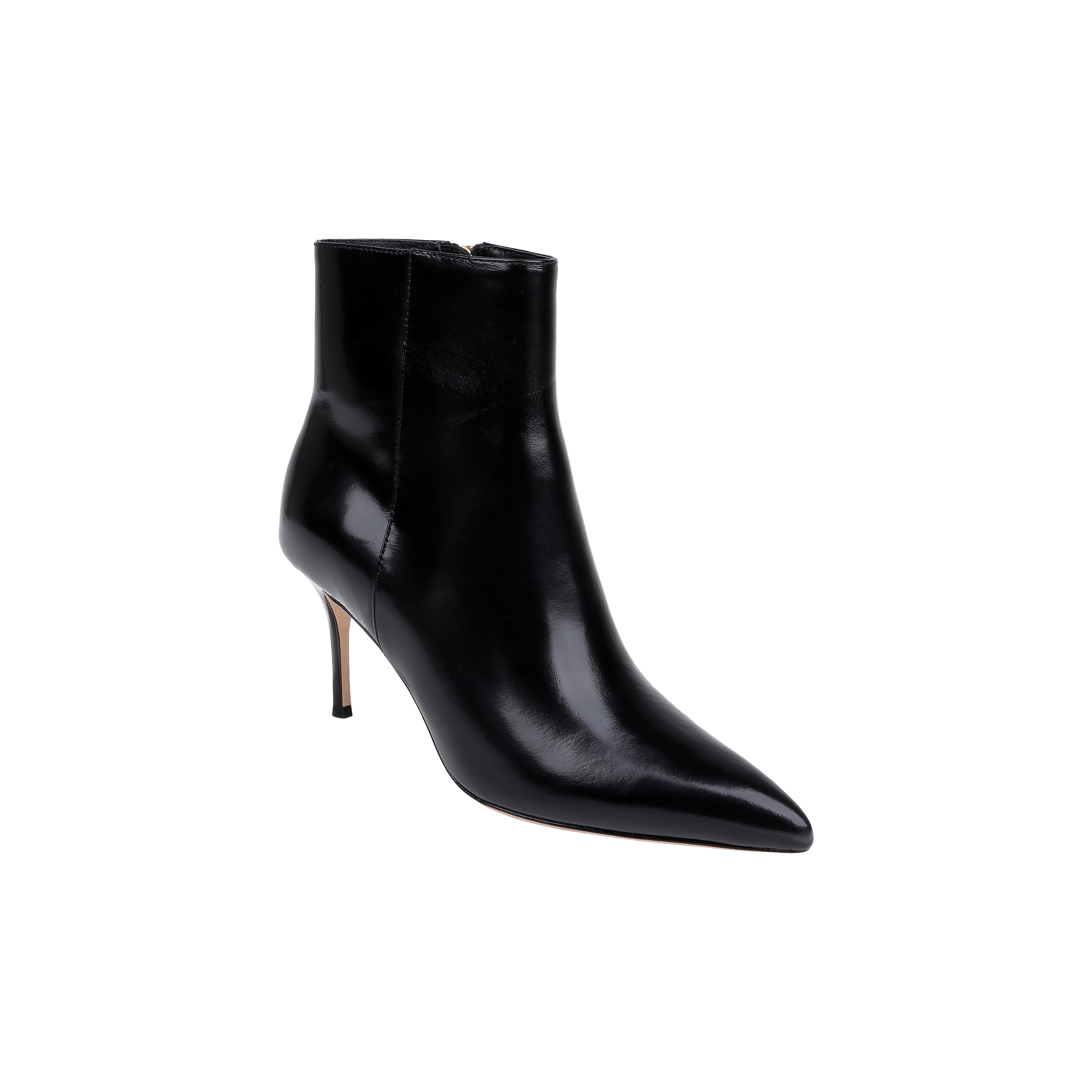 Houston Bootie in black leather, featuring a pointed toe and stiletto heel, displayed against a plain white background.