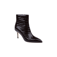 The Houston Bootie is a black, crocodile-embossed leather ankle boot featuring a pointed toe and a slim stiletto heel, shown against a plain white background.