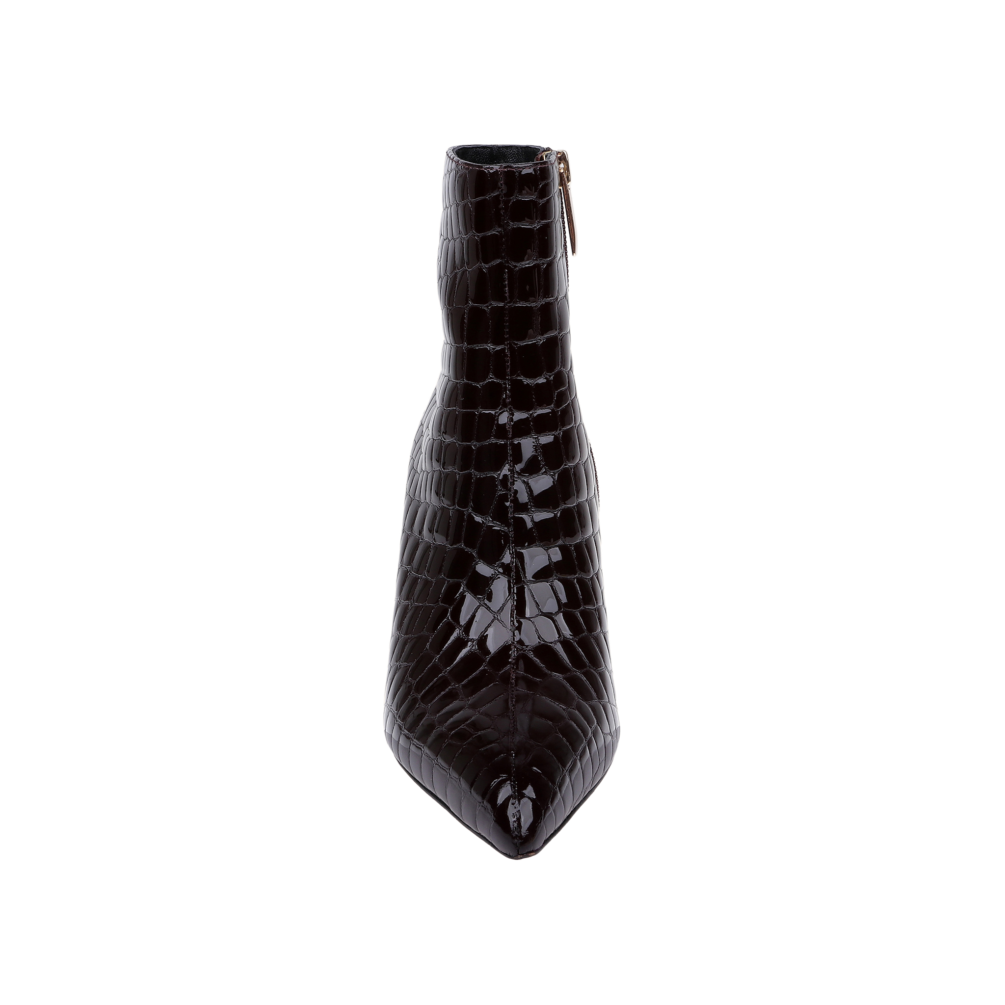 The Houston Bootie, shown from the front against a white background, is a black, crocodile-embossed ankle bootie featuring a pointed toe, stiletto heel, and side zipper.