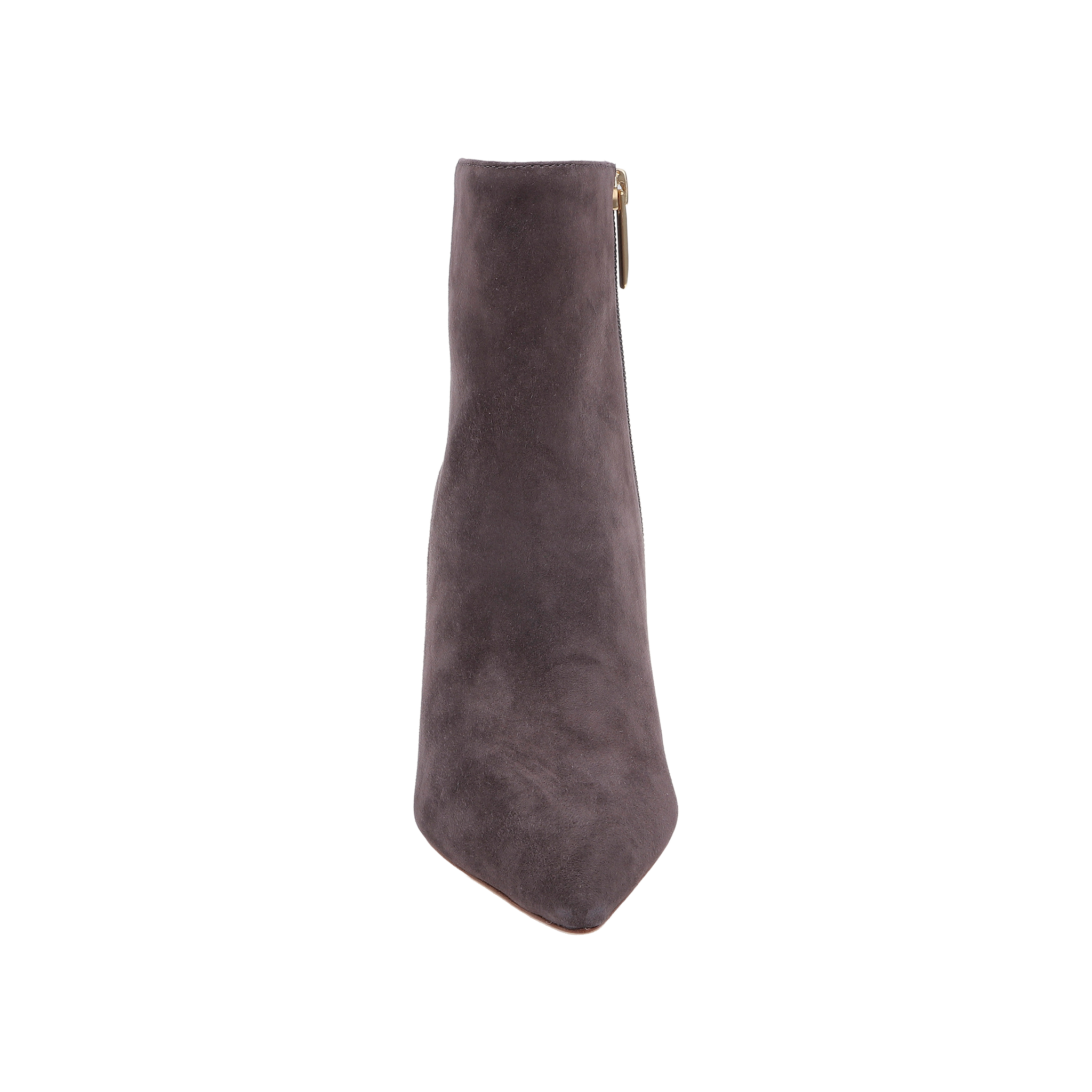The Houston Bootie is a single dark gray suede heeled bootie with a pointed toe and side zipper, photographed from the front against a plain white background.