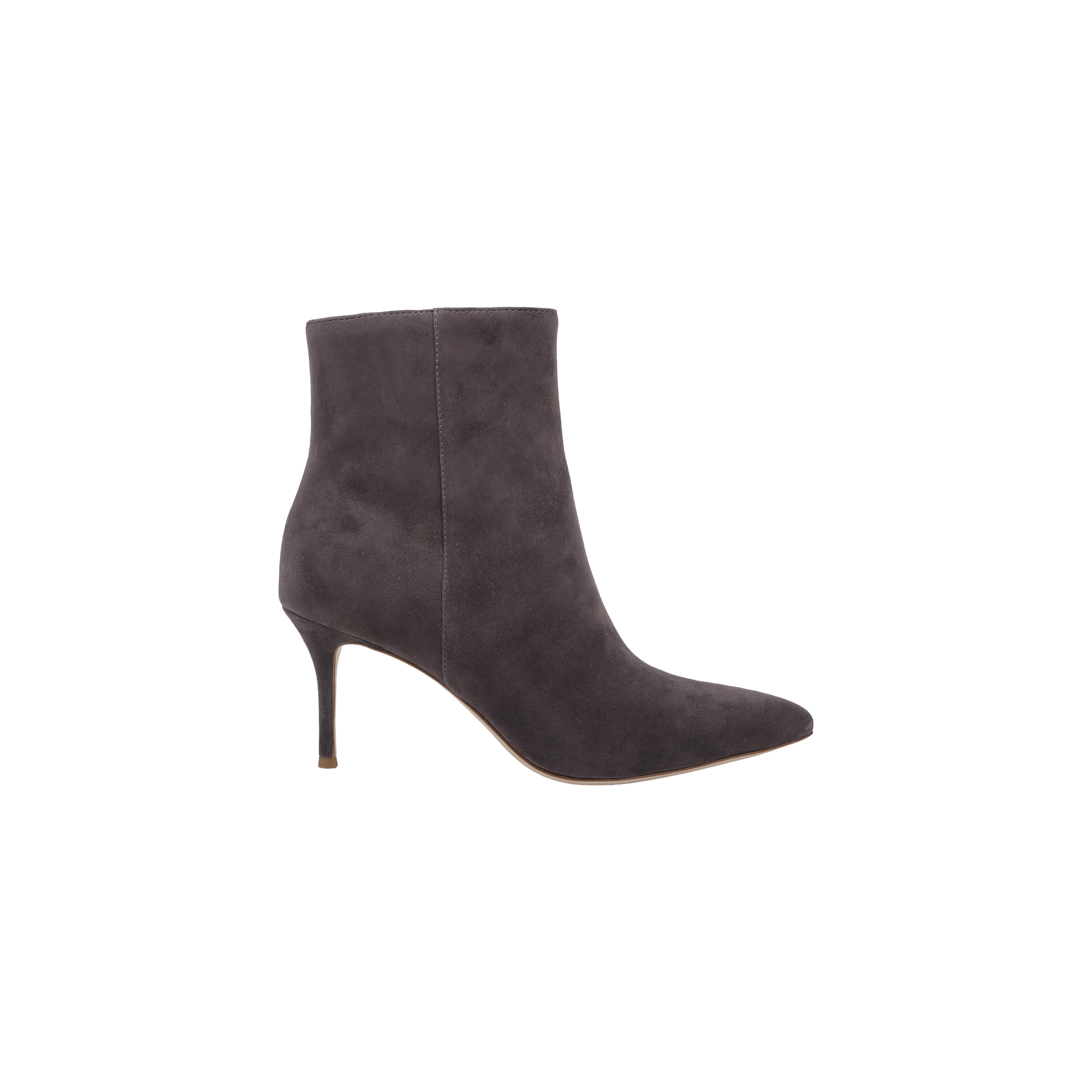 The Houston Bootie is a dark gray suede ankle boot with a pointed toe and a slim, high heel, shown in profile against a plain white background; this sleek heeled bootie offers modern elegance.