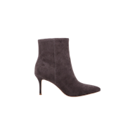 The Houston Bootie is a dark gray suede ankle boot with a pointed toe and a slim, high heel, shown in profile against a plain white background; this sleek heeled bootie offers modern elegance.