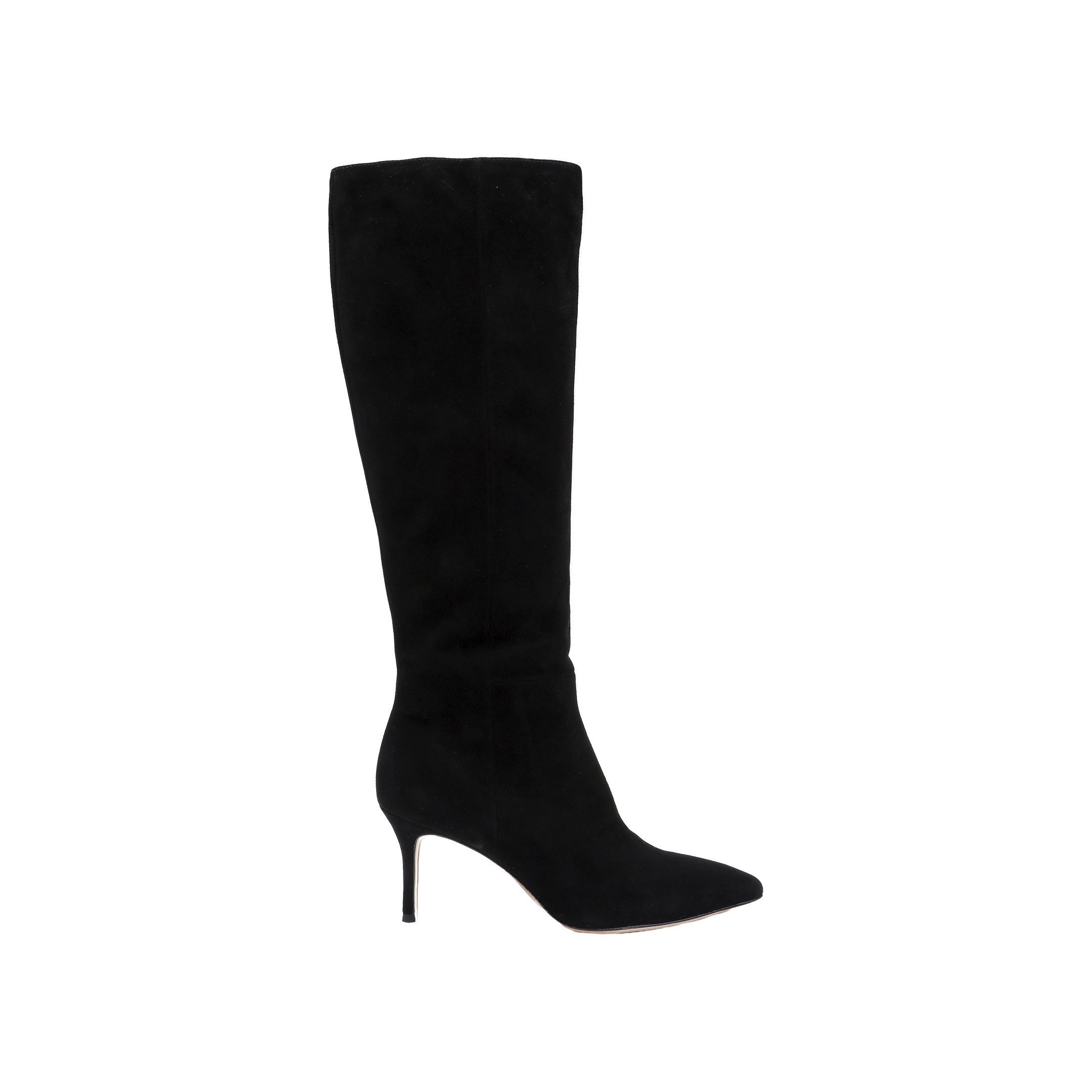 The Herald Boot, a black suede knee-high boot featuring a pointed toe and a stiletto heel, is displayed against a plain white background.