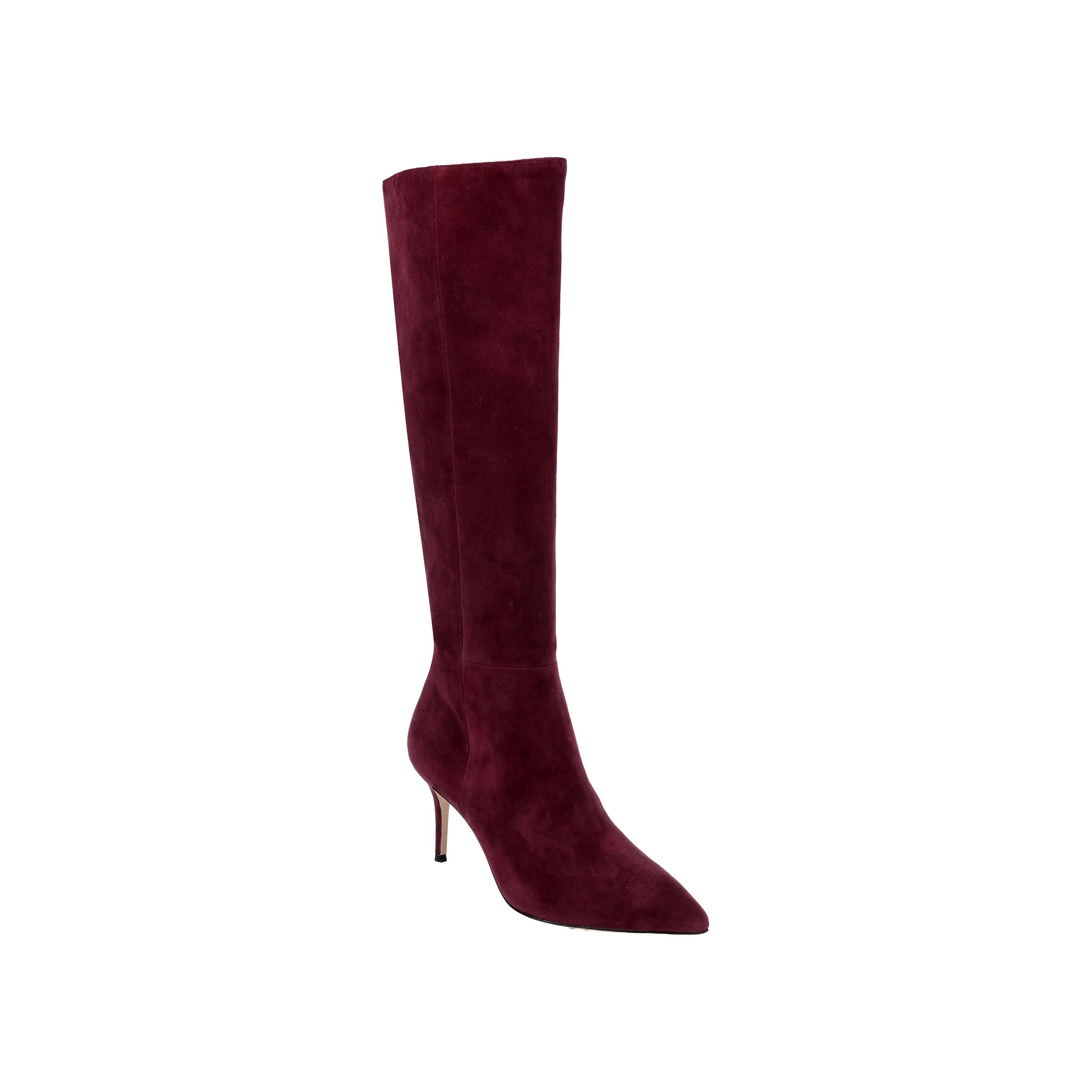 The Herald Boot—a single tall, burgundy suede knee-high boot with a pointed toe and a slender stiletto heel—is displayed on a plain white background, perfect for elevating chic autumn style.