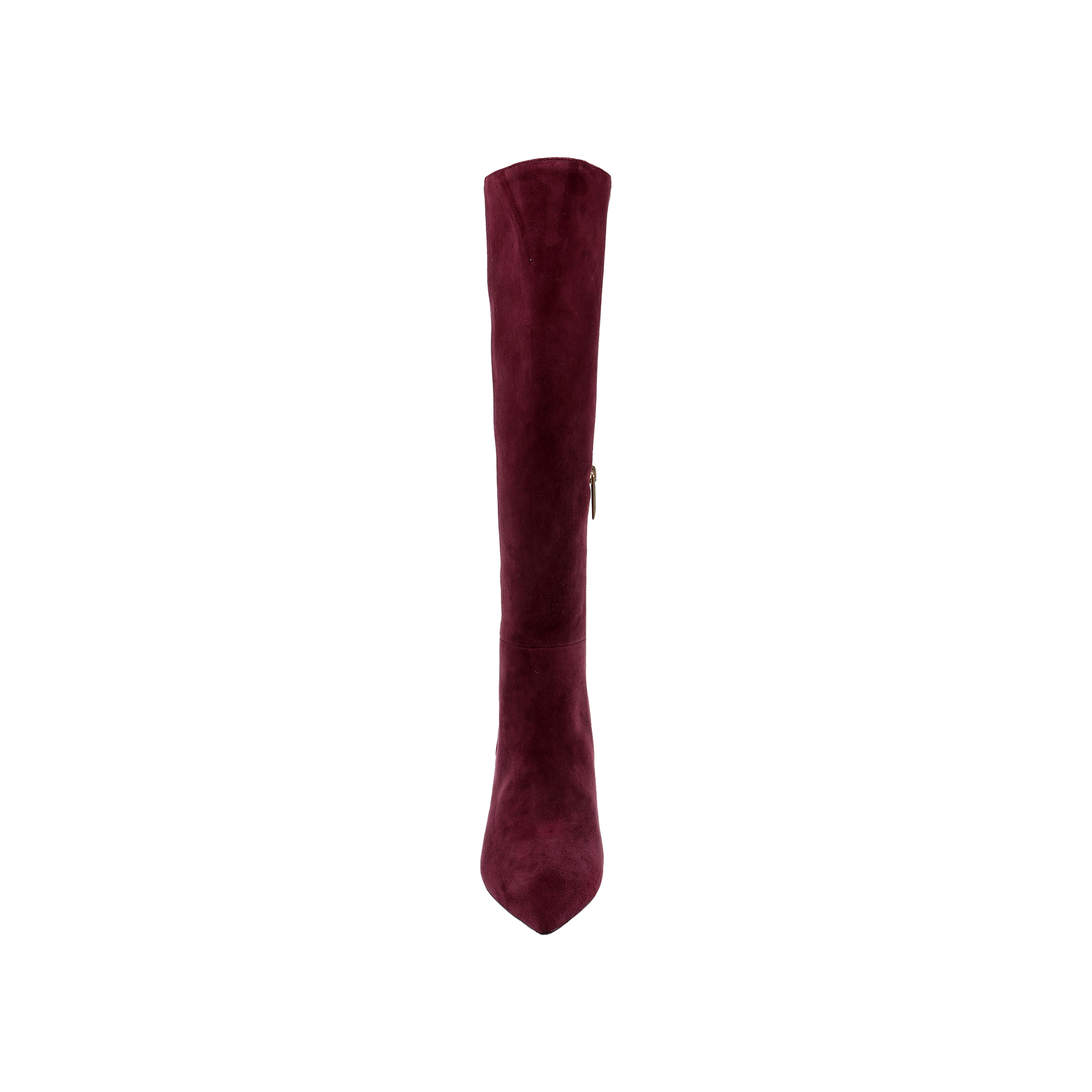 The Herald Boot, a single burgundy suede knee-high style, is pictured from above to highlight its pointed toe and side zipper, set against a plain white background—perfect for autumn.