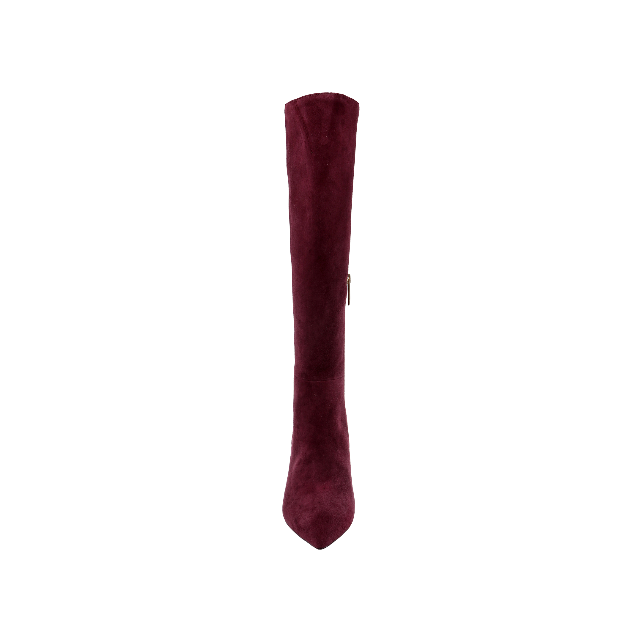 The Herald Boot, a single burgundy suede knee-high style, is pictured from above to highlight its pointed toe and side zipper, set against a plain white background—perfect for autumn.