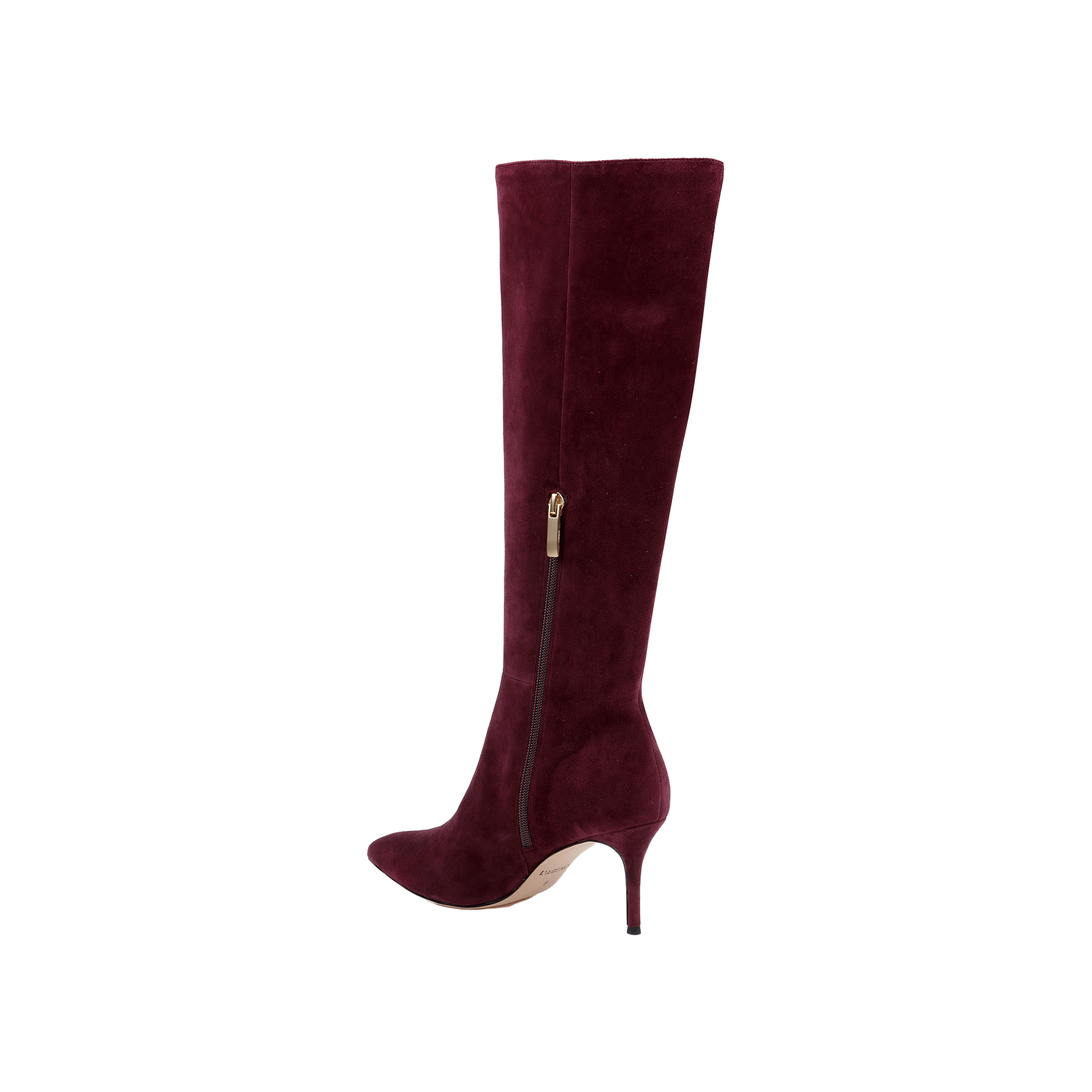 The Herald Boot is a single knee-high, burgundy suede boot featuring a pointed toe, high stiletto heel, and a convenient side zipper—an elegant choice for chic autumn style—shown against a white background.