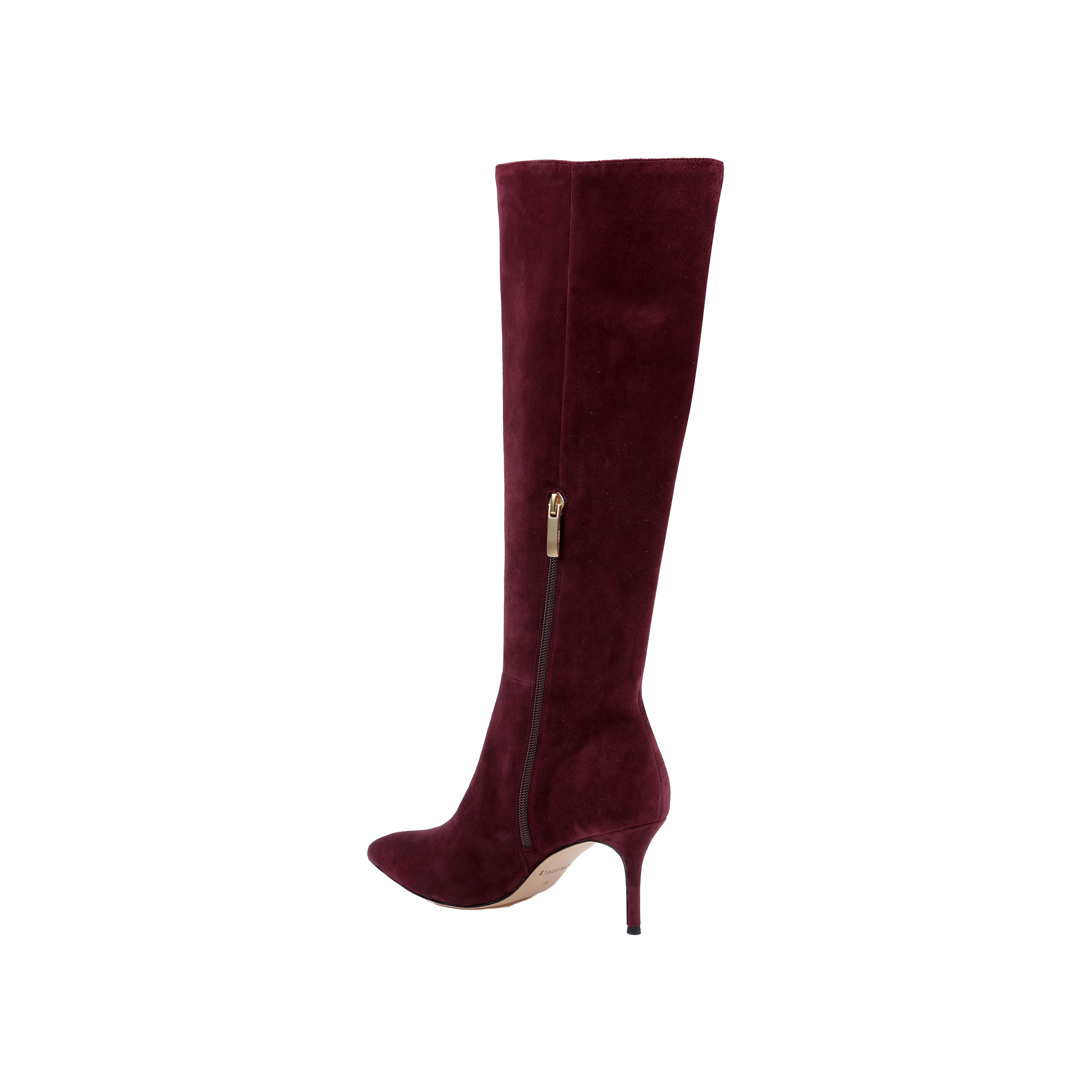 The Herald Boot is a single knee-high, burgundy suede boot featuring a pointed toe, high stiletto heel, and a convenient side zipper—an elegant choice for chic autumn style—shown against a white background.