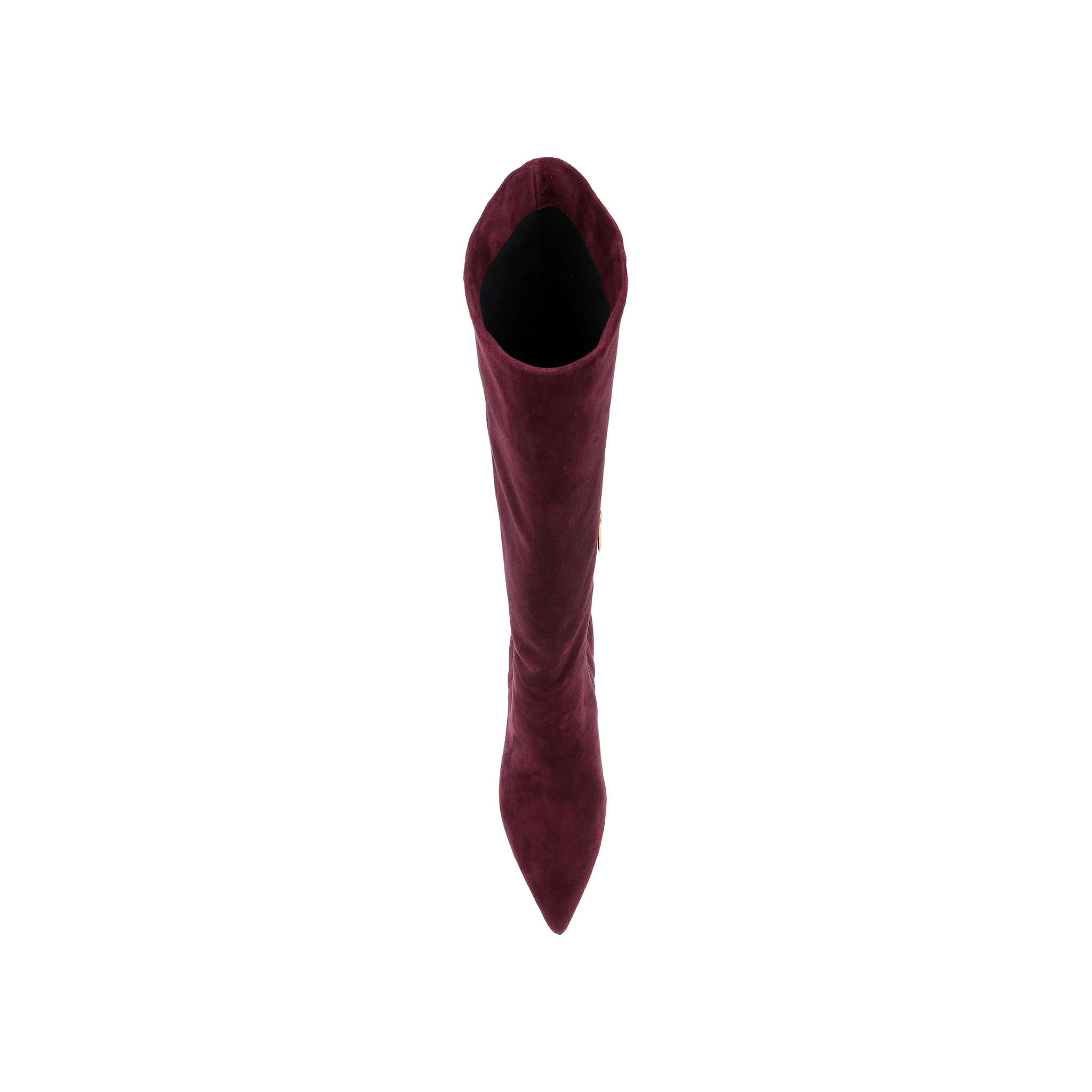 Top view of a single Herald Boot, featuring tall burgundy suede, a pointed toe, and stiletto heel, displayed on a plain white background.