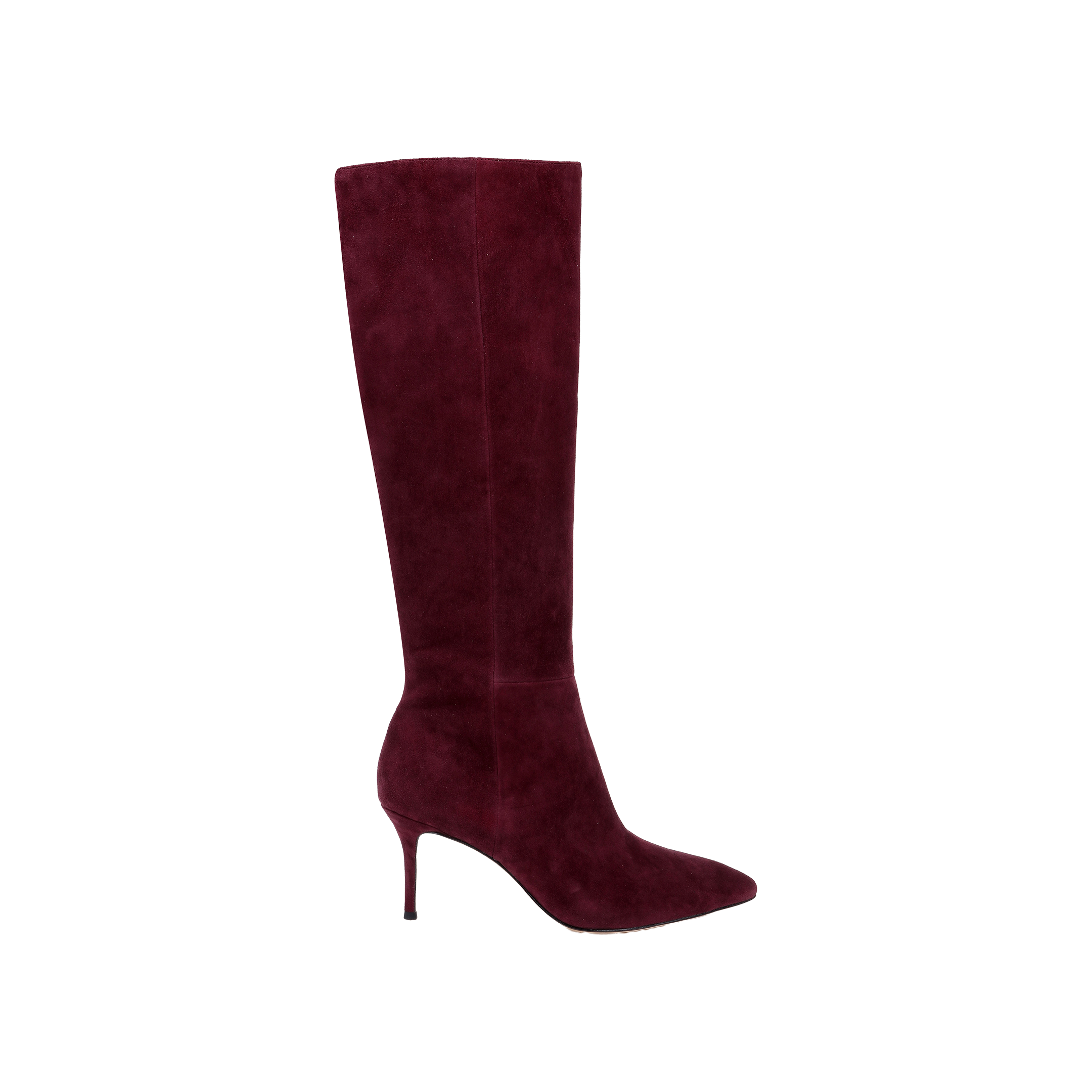 The Herald Boot, a single knee-high, pointed-toe stiletto boot in dark burgundy suede, is displayed against a plain white background.