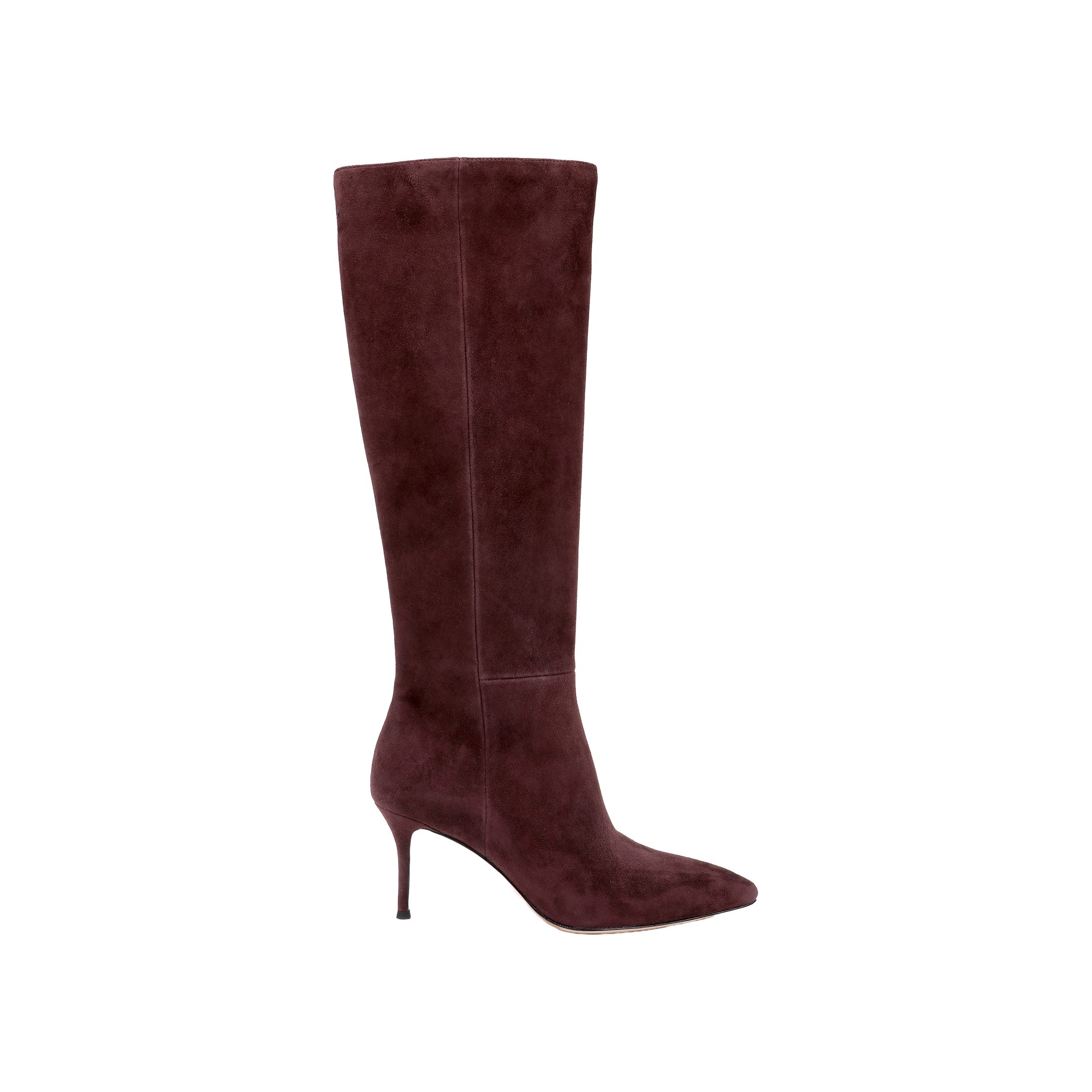 The Herald Boot, a dark burgundy suede knee-high style with a pointed toe and stiletto heel, is displayed in profile against a plain white background.