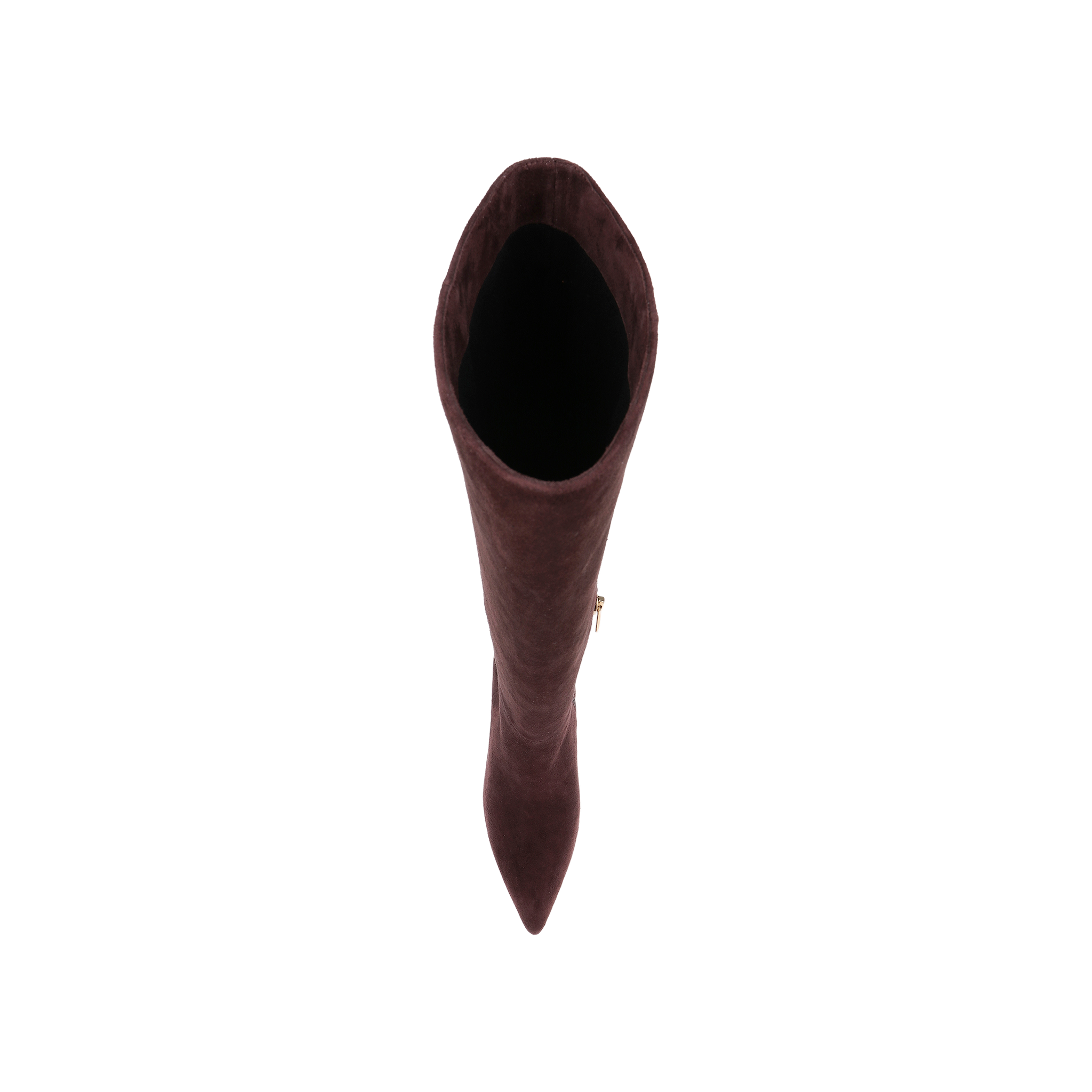 Top view of a single Herald Boot—a tall, pointed-toe knee-high boot in mahogany brown suede with a stiletto heel—set against a plain white background.