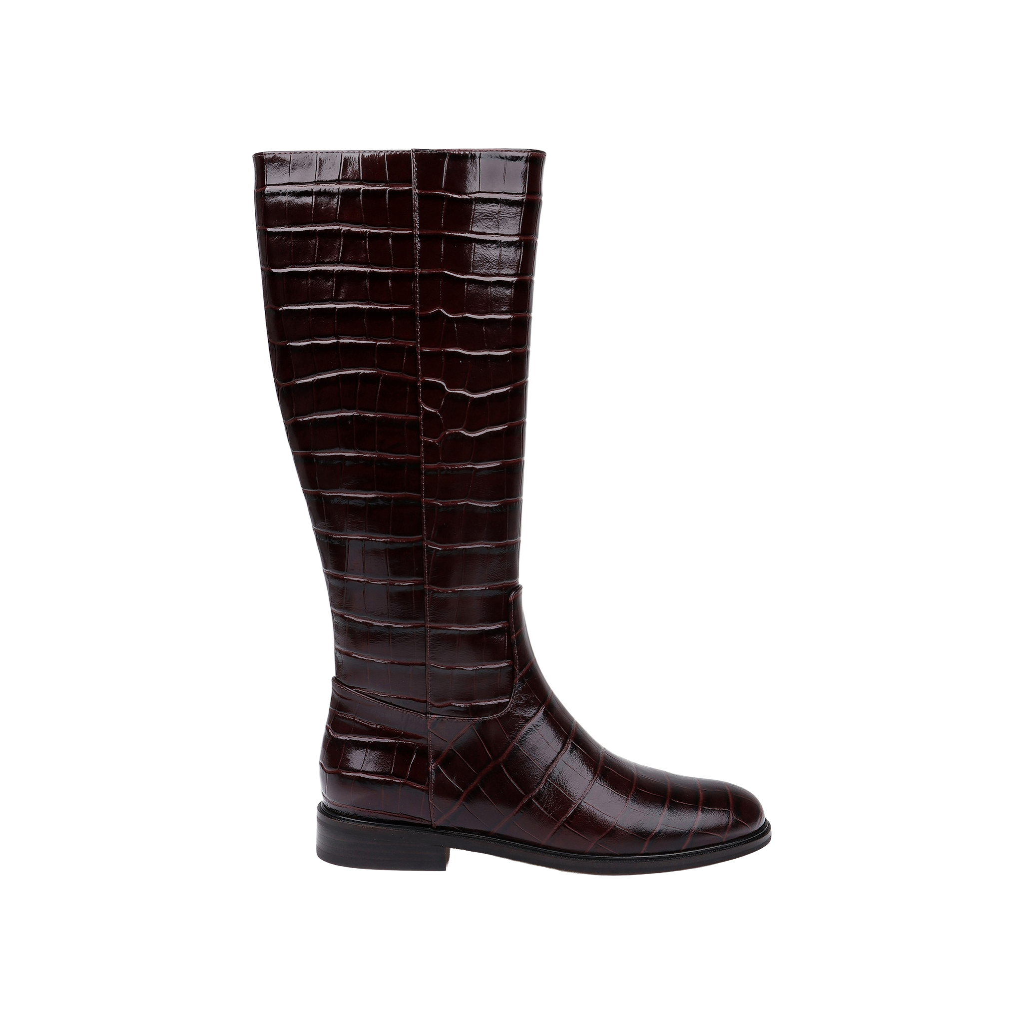 The Cortland Boot is a tall, dark brown knee-high boot made from shiny, croc-embossed leather with a low black heel, shown in profile against a plain light background.