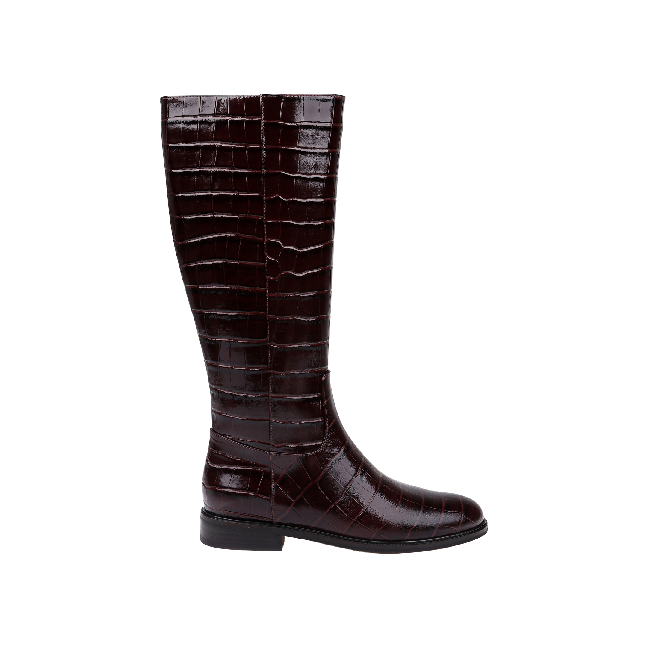 The Cortland Boot is a tall, dark brown knee-high boot made from shiny, croc-embossed leather with a low black heel, shown in profile against a plain light background.