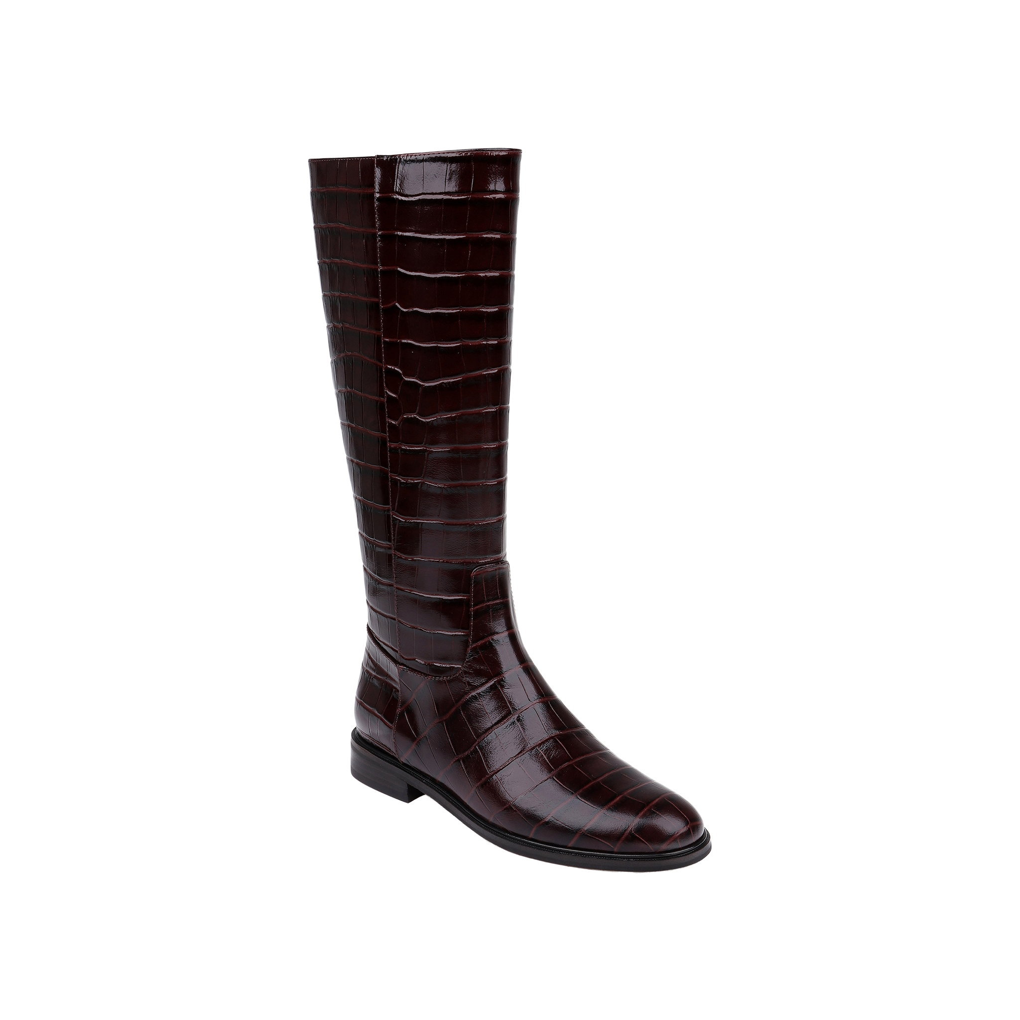 A single Cortland Boot, crafted from shiny, croc-embossed leather in dark brown with a low heel and side zipper, is displayed against a plain white background.