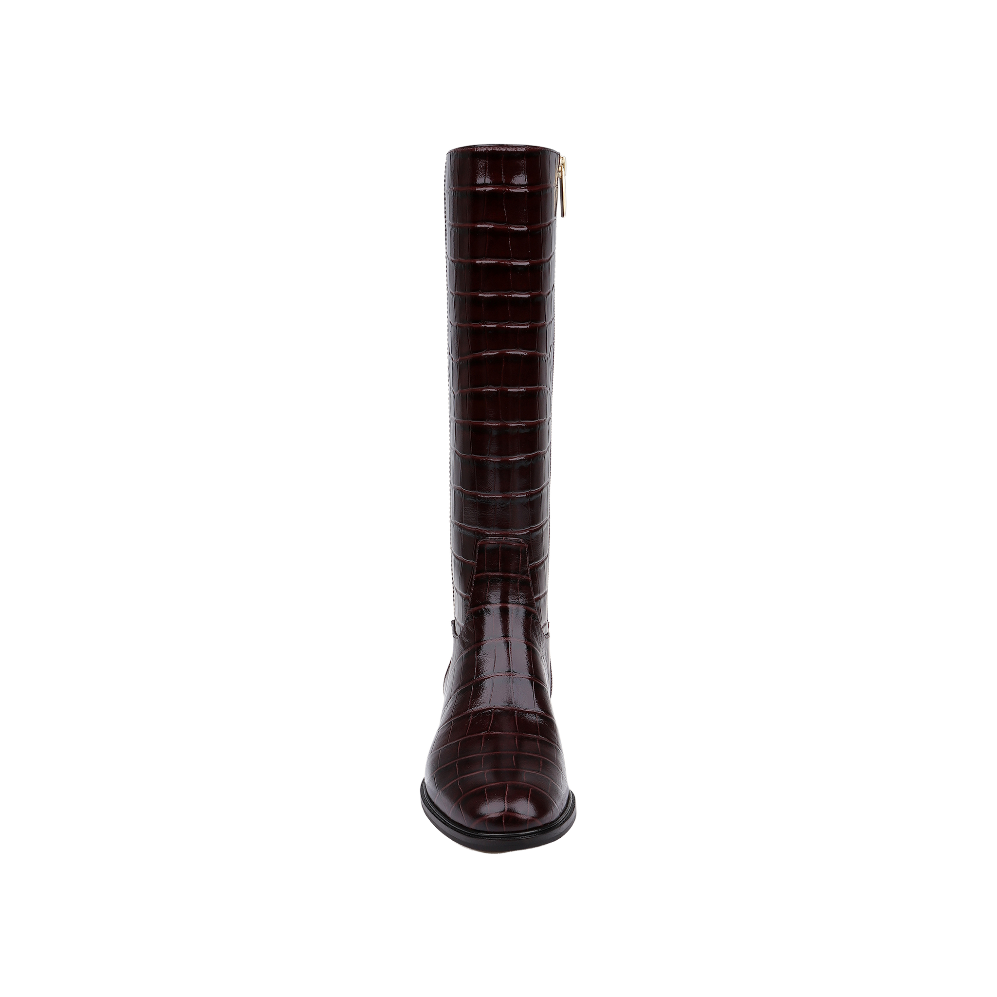 Front view of the Cortland Boot, a tall knee-high boot crafted from dark brown croc-embossed leather with a rounded toe and a gold side zipper, set against a plain white background.