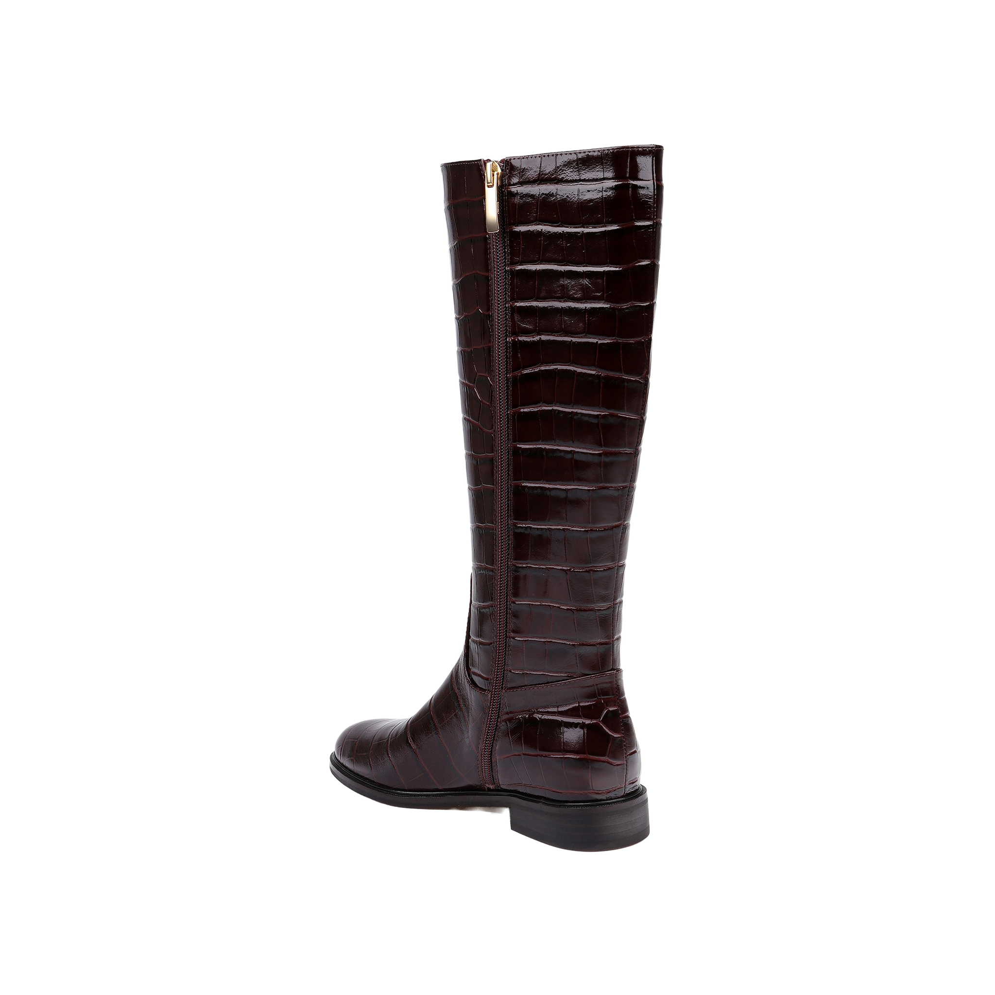 The Cortland Boot is a knee-high design made from dark brown, croc-embossed leather, featuring a low heel and a side zipper, displayed against a plain white background.