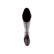 Top view of the Cortland Boot, a tall, dark brown, knee-high boot made from croc-embossed leather with a side zipper, photographed against a plain white background.