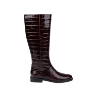 The Cortland Boot is a tall, knee-high riding boot crafted from croc-embossed leather in a dark brown shade with a shiny finish. It features a low black heel and rounded toe, and is displayed against a plain white background.