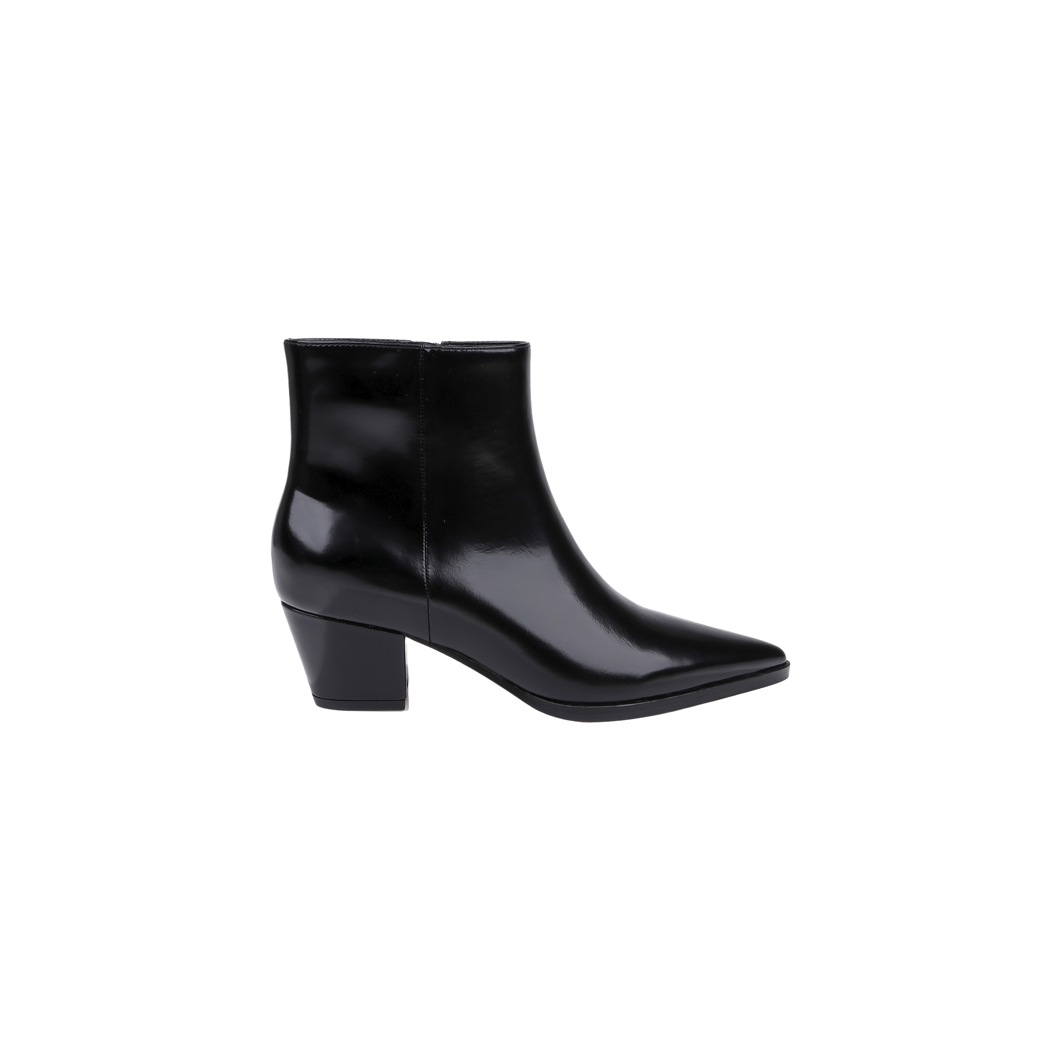 The Vesey Bootie is a black, shiny, ankle-high leather bootie featuring a pointed toe and a chunky mid-height heel, displayed from the side against a plain white background.