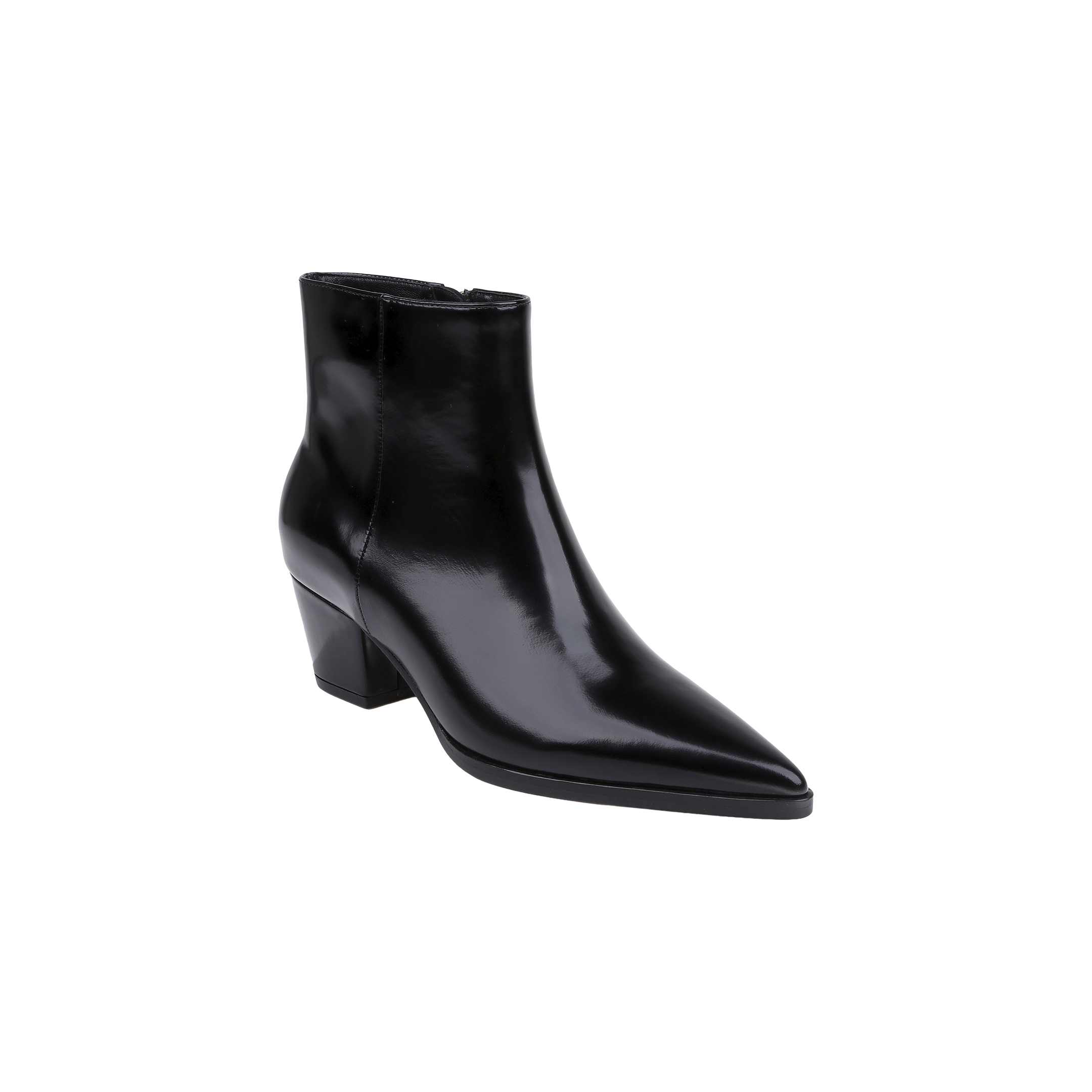 The Vesey Bootie is a black leather bootie with a shiny finish and pointed toe, featuring a bold block heel and displayed against a white background.