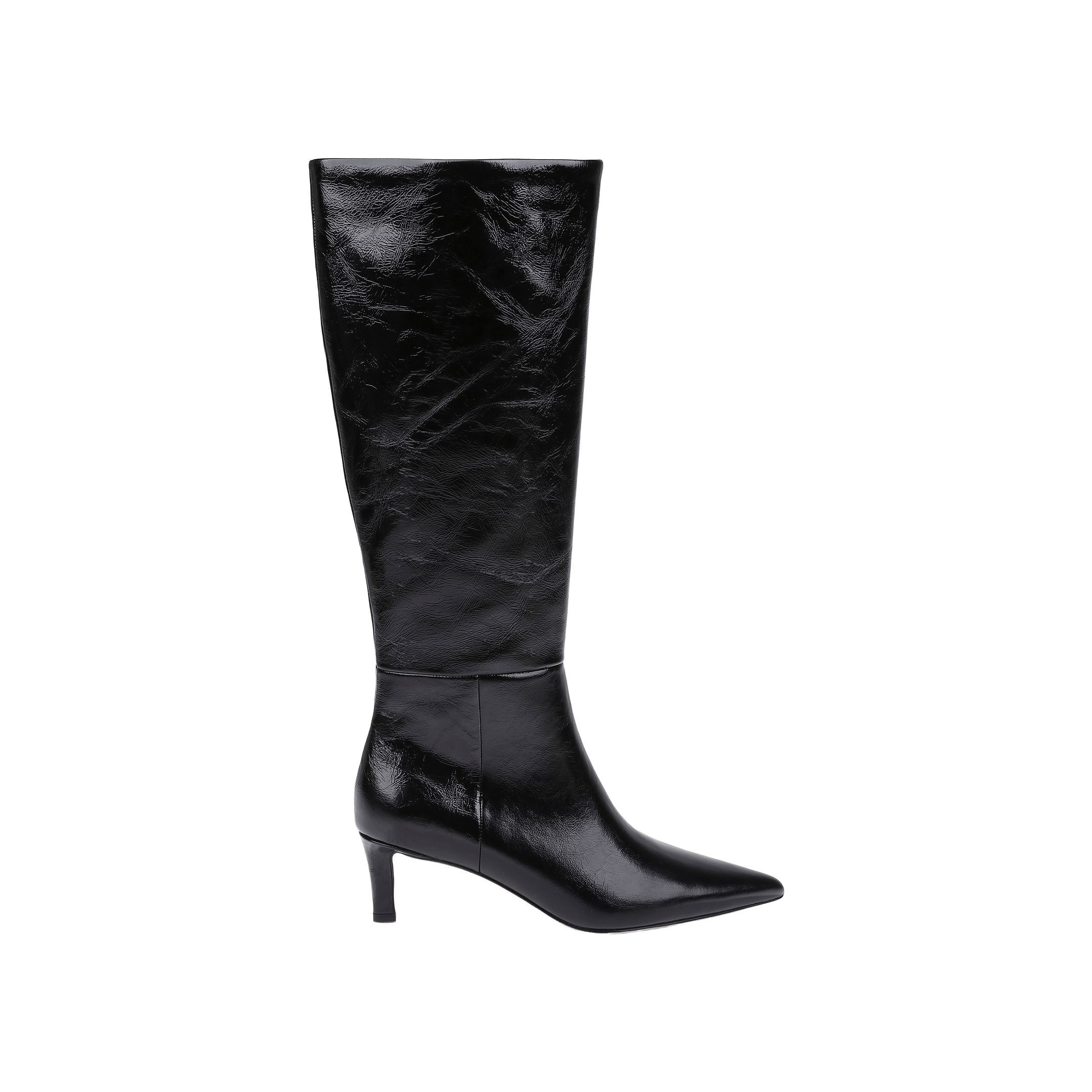 The Baxter Boot is a single black, knee-high boot featuring a pointed toe and mid-height heel, crafted from patent leather and displayed in profile against a plain white background. This comfortable and stylish boot perfectly blends elegance with modern design.