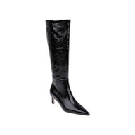 The Baxter Boot, a single black patent leather knee-high boot featuring a pointed toe and a sleek, mid-height heel, is displayed against a plain white background.