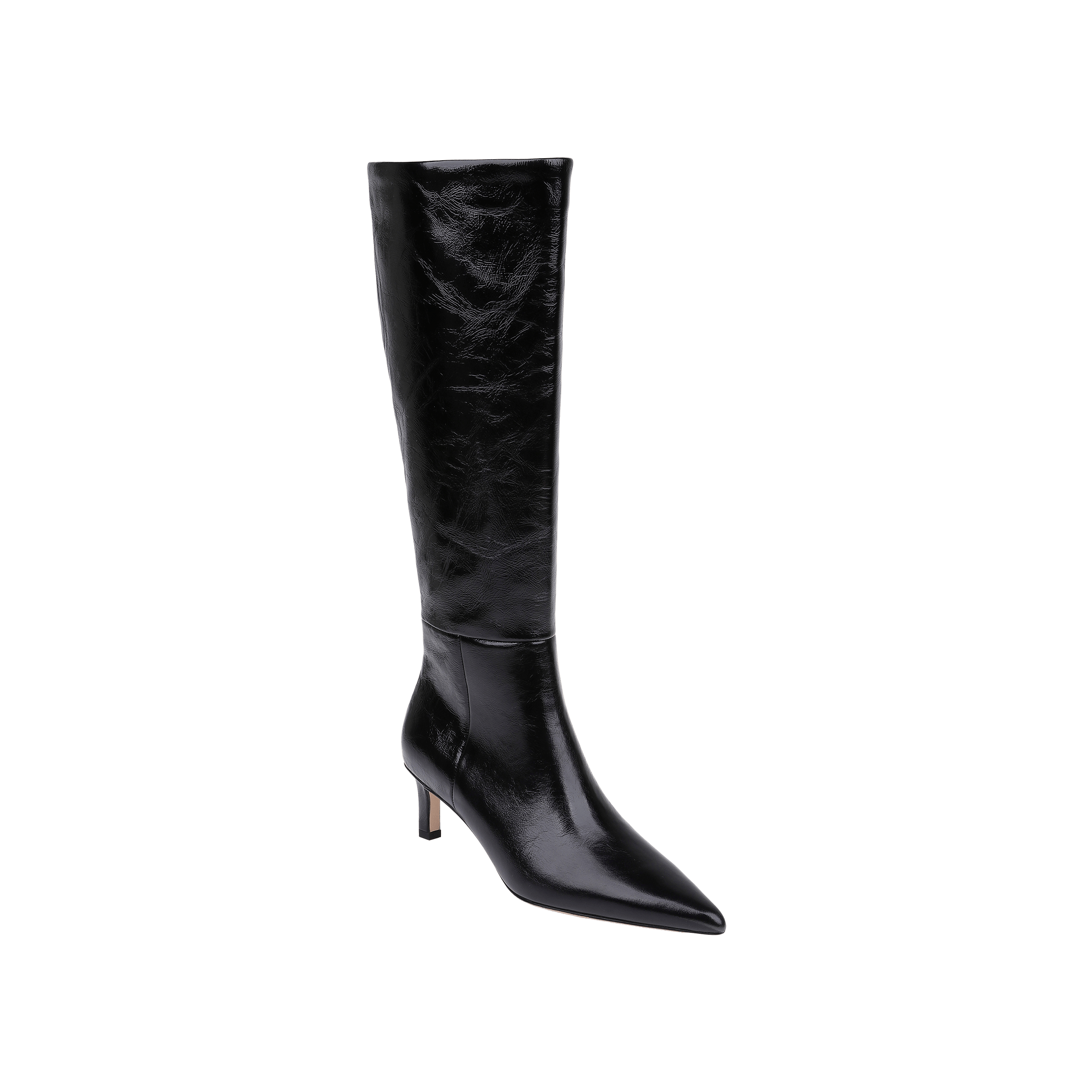 The Baxter Boot, a single black patent leather knee-high boot featuring a pointed toe and a sleek, mid-height heel, is displayed against a plain white background.