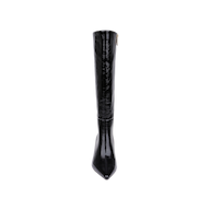 The Baxter Boot, a single black knee-high patent leather boot with a pointed toe and side zipper, is displayed upright against a plain white background.