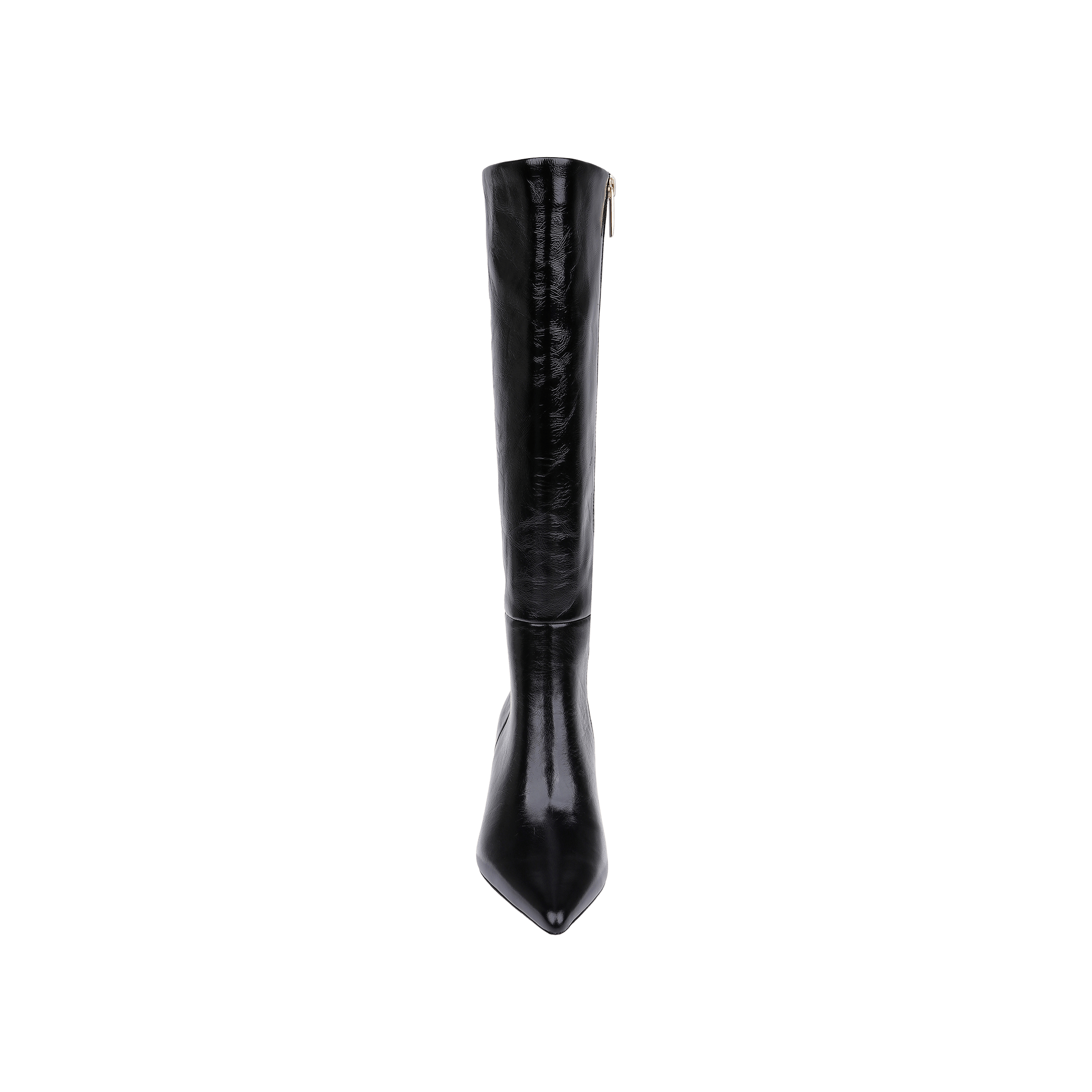 The Baxter Boot, a single black knee-high patent leather boot with a pointed toe and side zipper, is displayed upright against a plain white background.