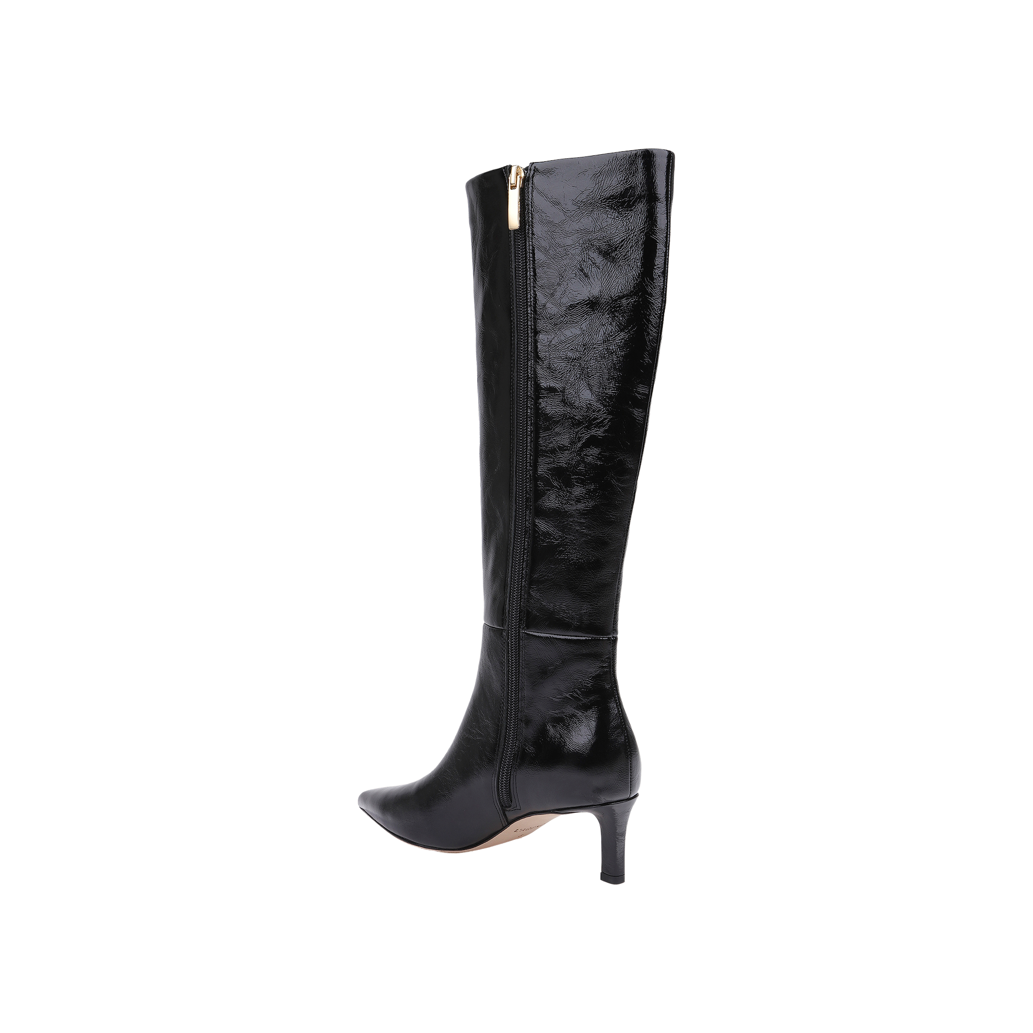 The Baxter Boot is a black knee-high patent leather boot featuring a pointed toe, mid-height heel, and gold side zipper, shown against a plain white background for a comfortable yet stylish look.