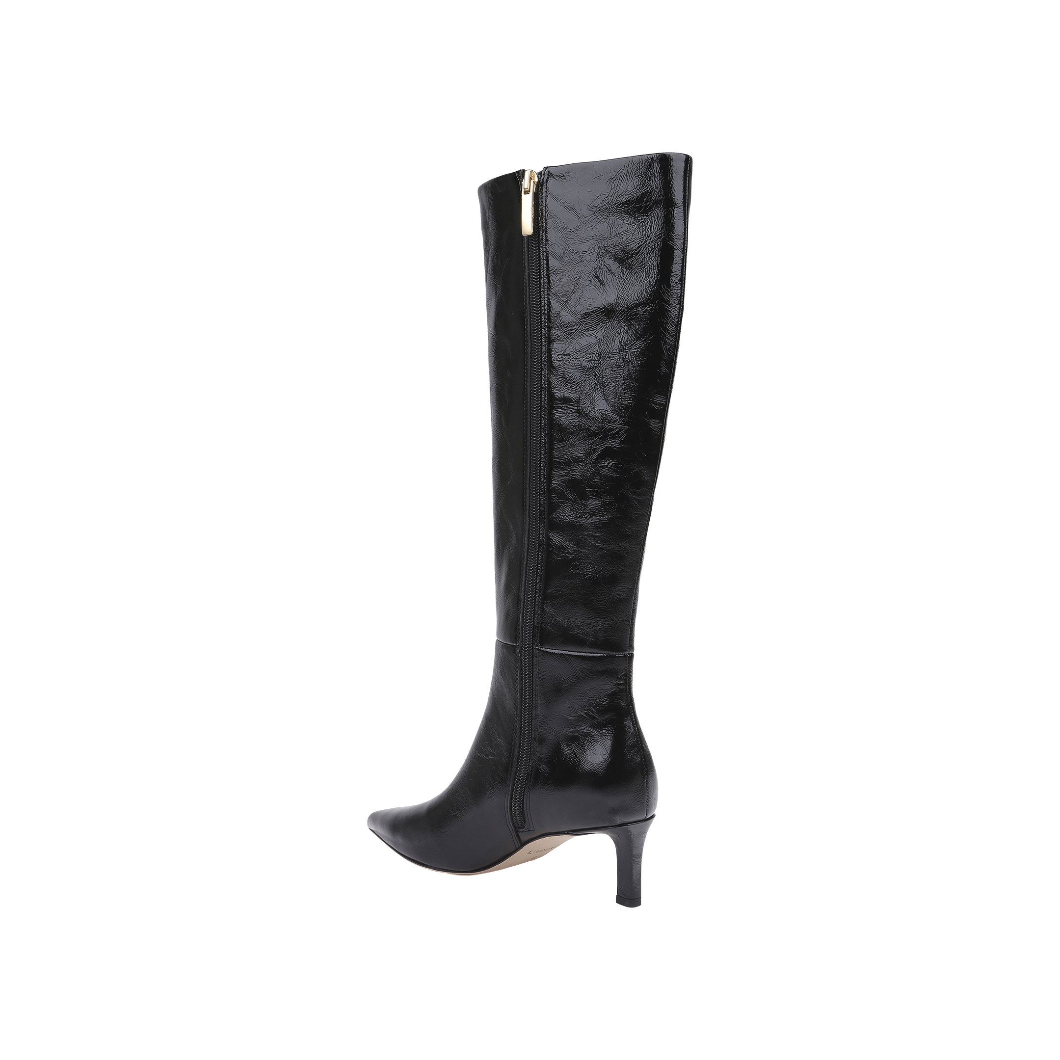 The Baxter Boot is a black knee-high patent leather boot featuring a pointed toe, mid-height heel, and gold side zipper, shown against a plain white background for a comfortable yet stylish look.