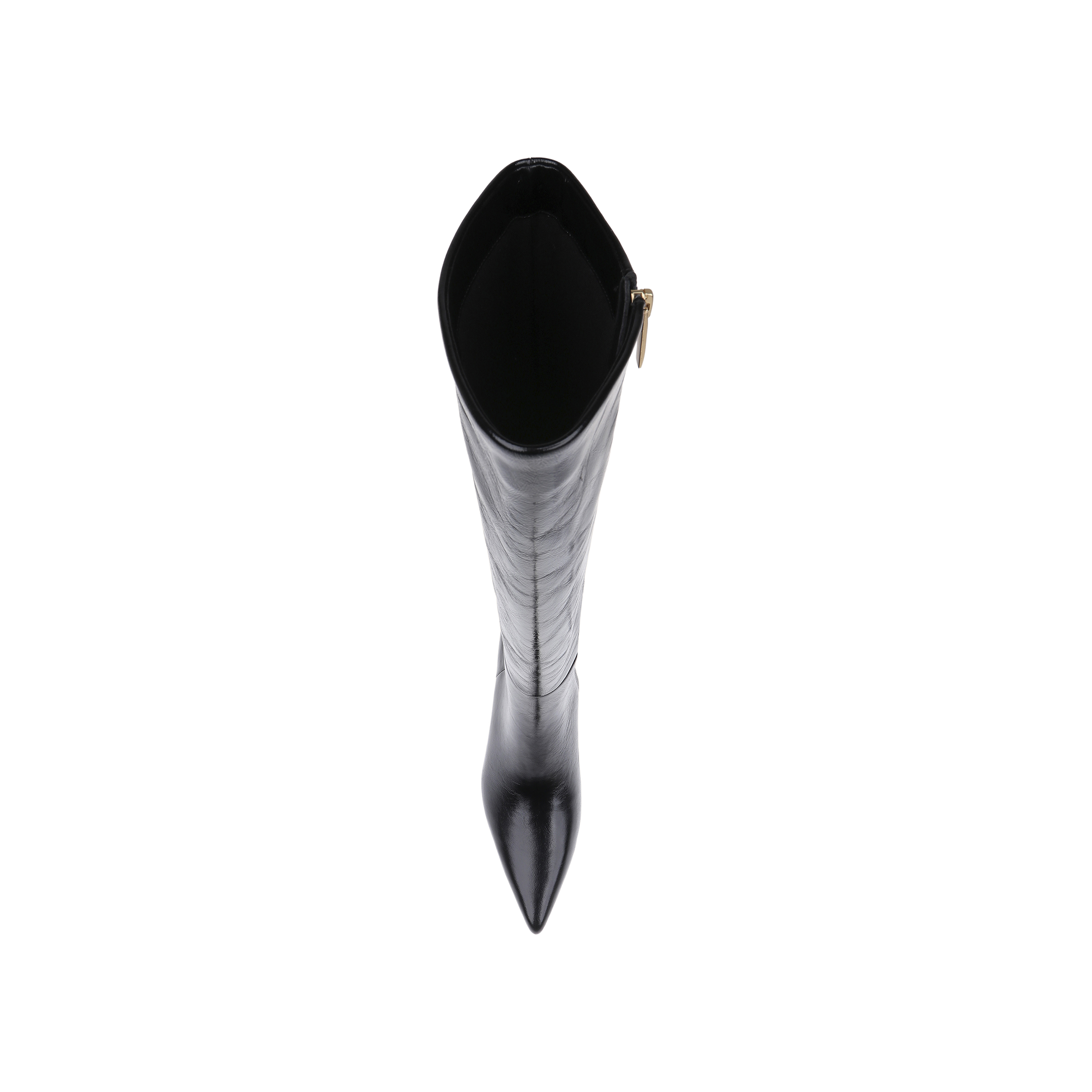 Top view of a single Baxter Boot in black patent leather featuring a pointed toe and side zipper, photographed on a plain white background.