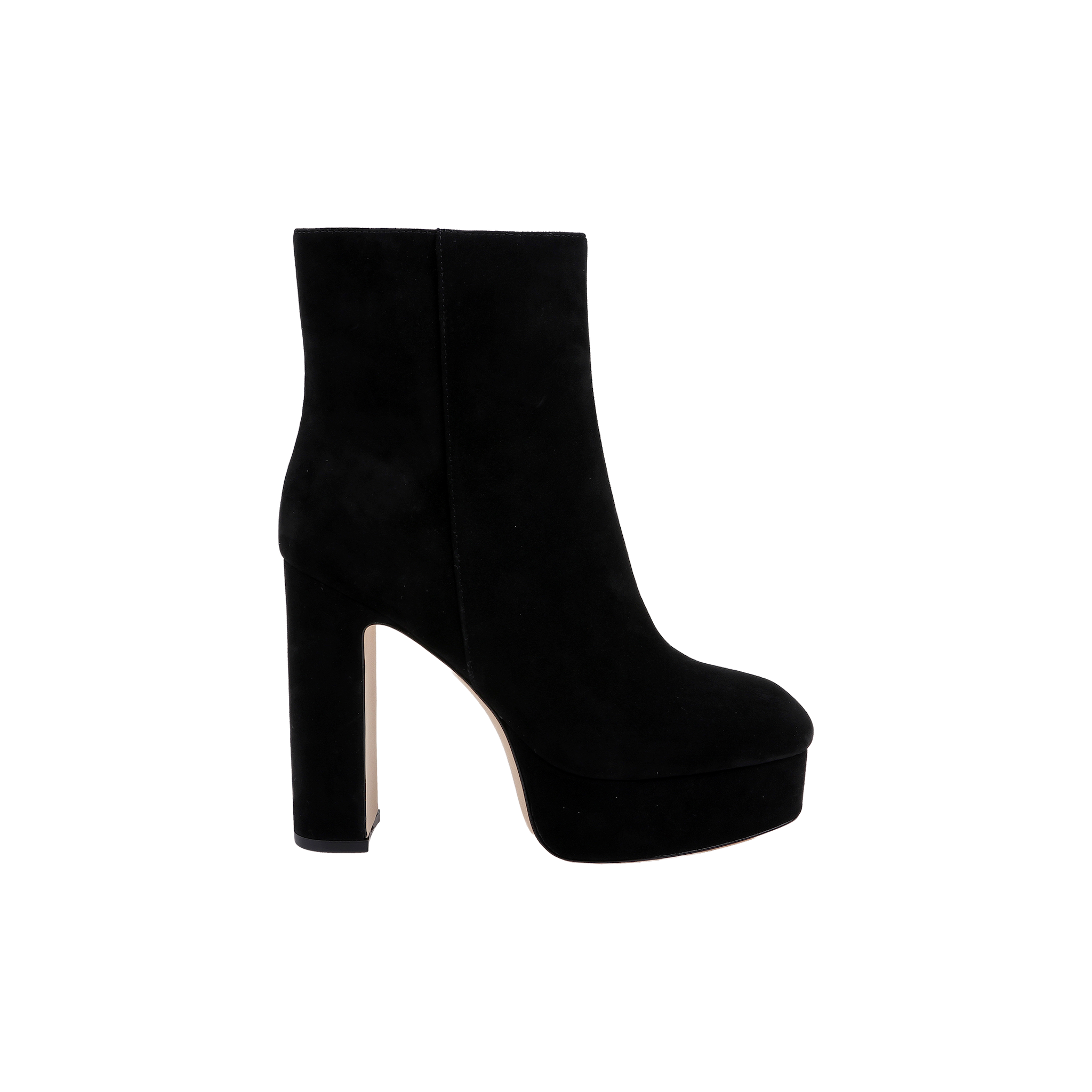 The Soho Bootie in black suede features a high platform block heel, round toe, and side seam detailing, showcased against a plain white background.