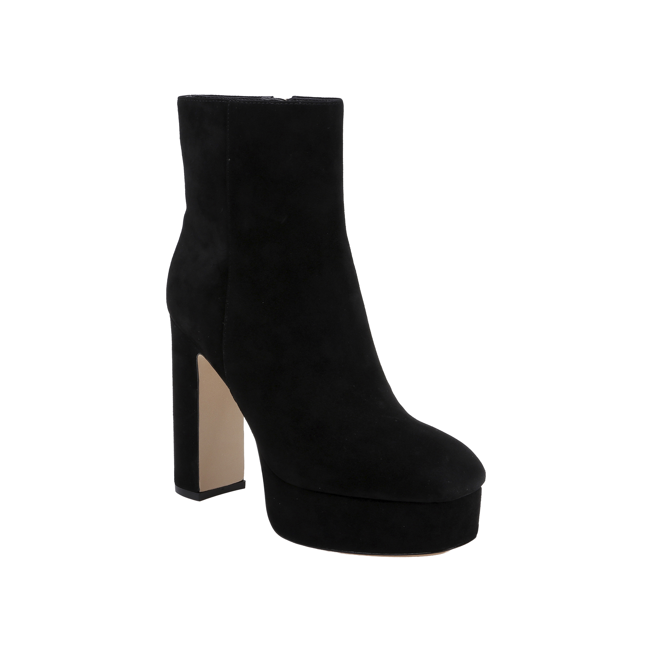 The Soho Bootie, a black suede ankle boot with a high platform block heel and side zipper, is showcased against a plain white background.