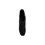 Top-down view of the Soho Bootie—a single black suede bootie featuring a gold side zipper and a platform block heel—displayed against a plain white background.