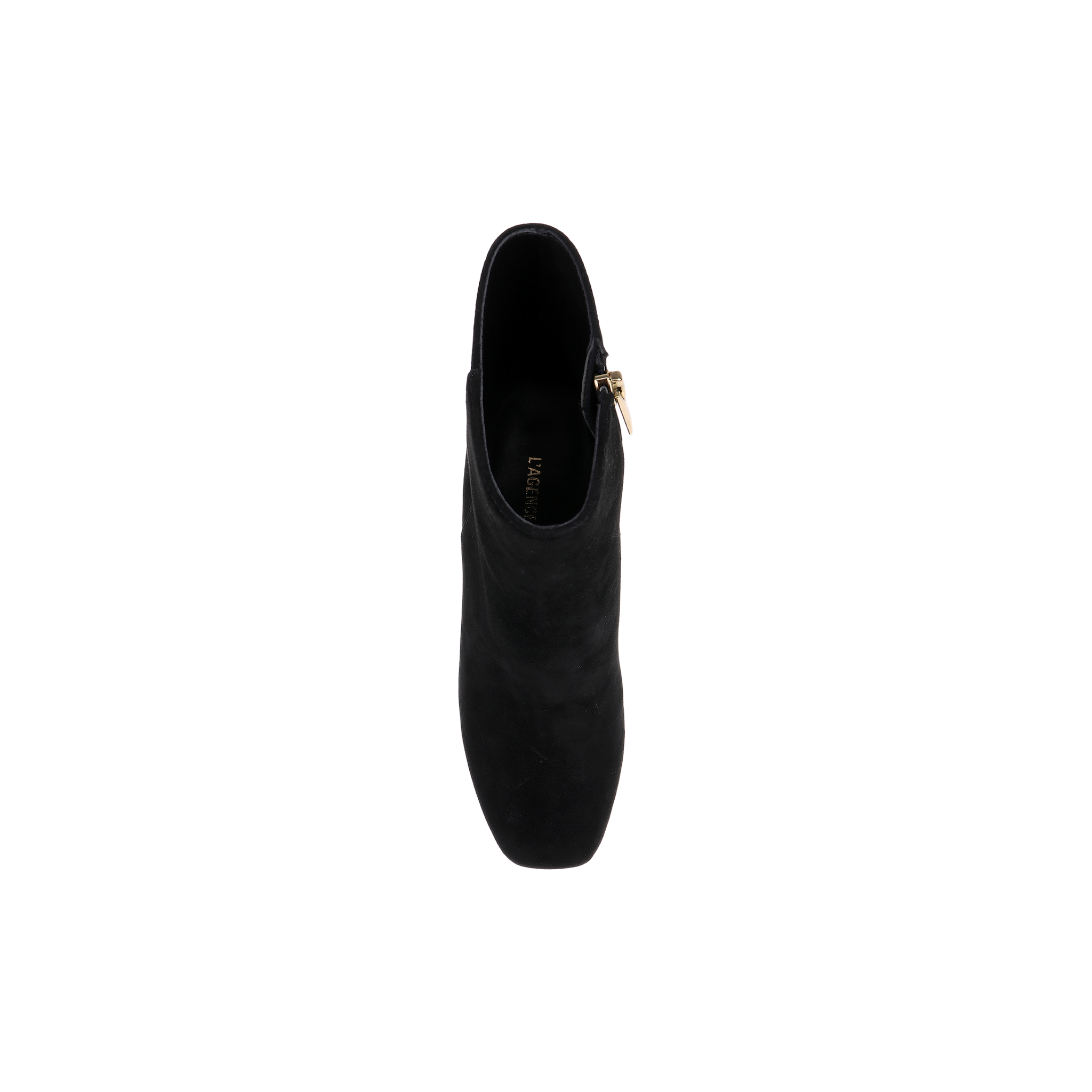 Top-down view of the Soho Bootie—a single black suede bootie featuring a gold side zipper and a platform block heel—displayed against a plain white background.