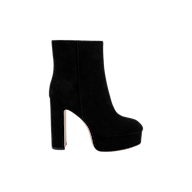 The Soho Bootie is a black suede bootie featuring a high platform block heel and a platform sole, displayed in side view on a plain white background.