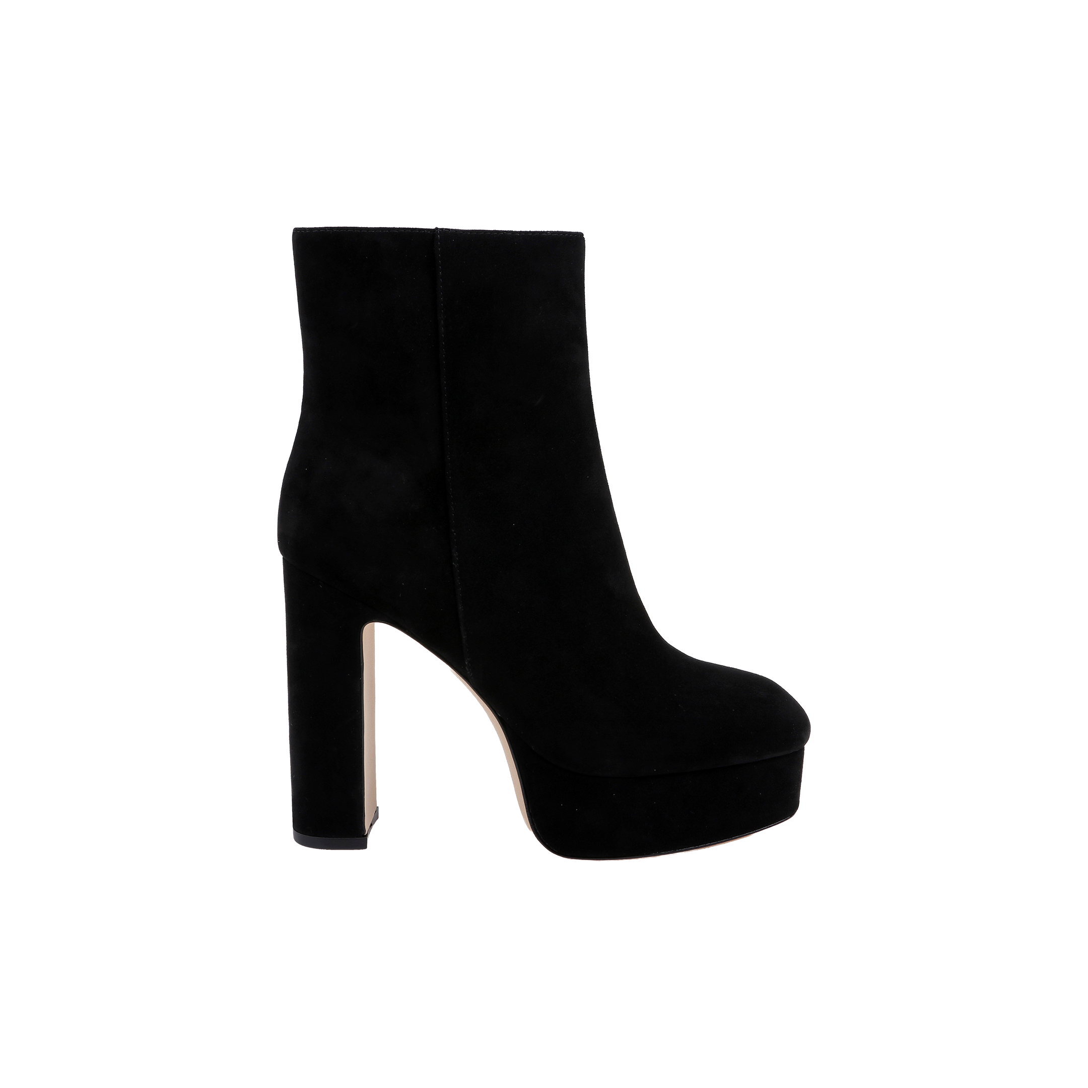 The Soho Bootie is a black suede bootie featuring a high platform block heel and a platform sole, displayed in side view on a plain white background.